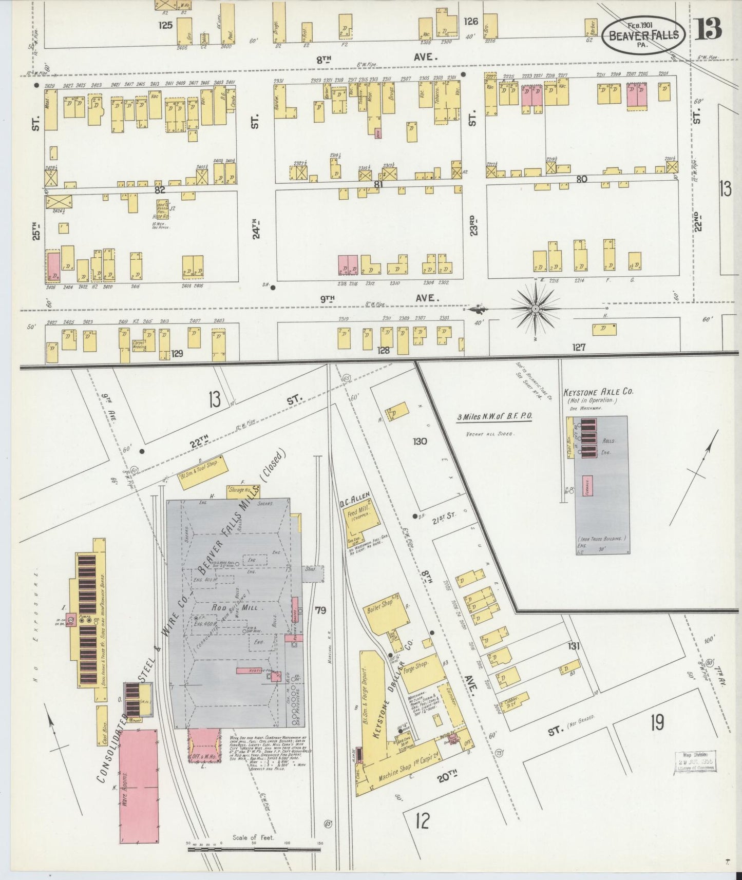 Sanborn Fire Insurance Map from Beaver Falls, Beaver County, Pennsylvania (1901), Sheet #0013 - Historic Sanborn Fire Insurance Map Print, vintage old map wall art, antique decor, genealogy gift, Pennsylvania Pennsylvania map