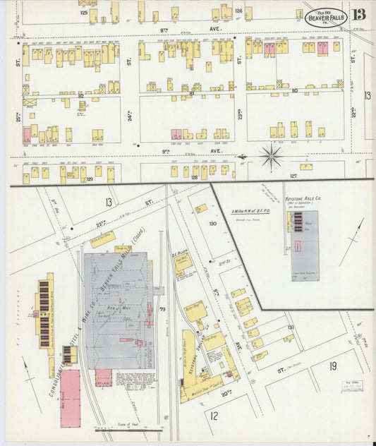 Sanborn Fire Insurance Map from Beaver Falls, Beaver County, Pennsylvania (1901), Sheet #0013 - Historic Sanborn Fire Insurance Map Print, vintage old map wall art, antique decor, genealogy gift, Pennsylvania Pennsylvania map