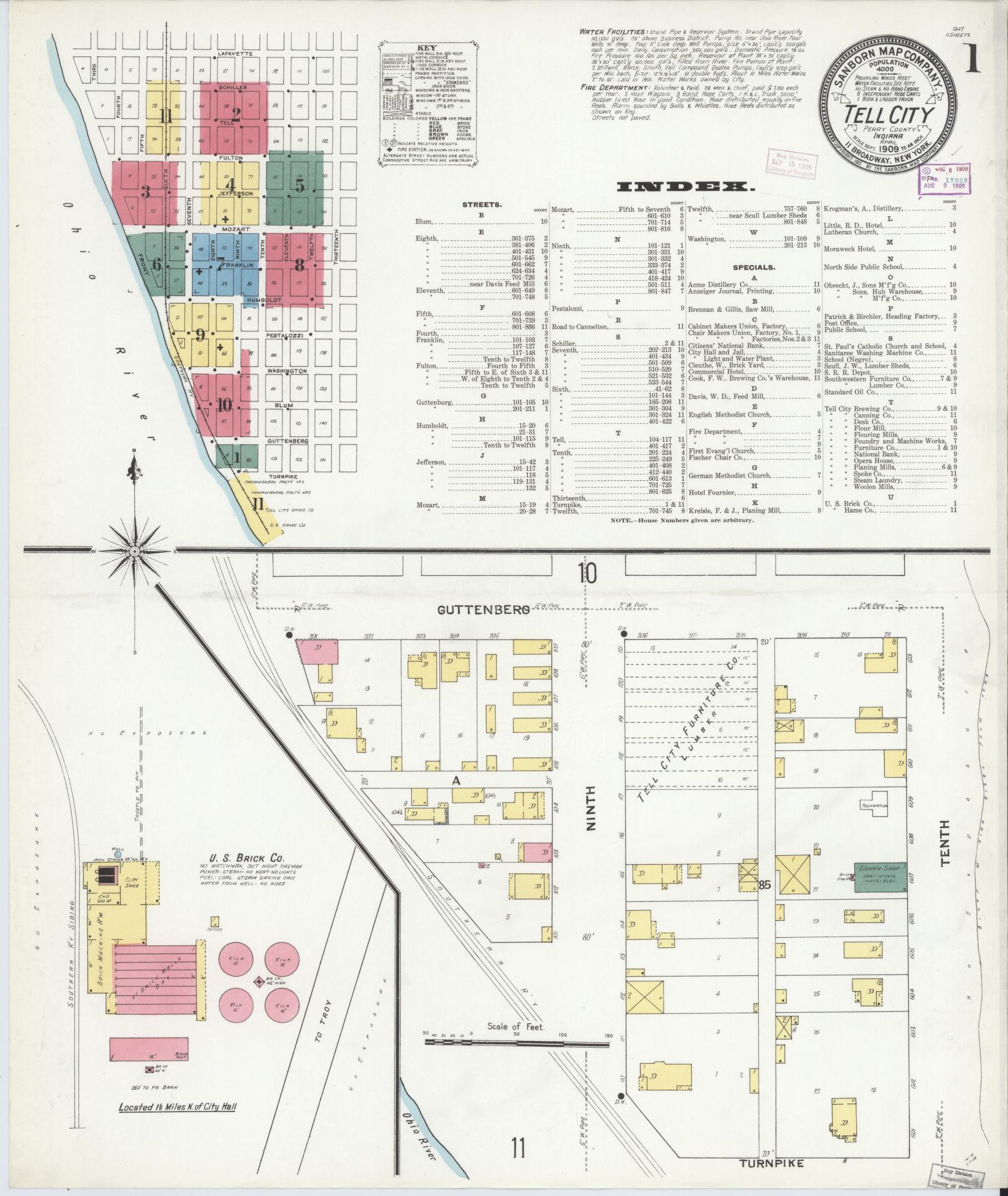 Sanborn Fire Insurance Map from Tell City, Perry County, Indiana (1909), Sheet #0001 - Complete Map Set gallery image, historic Sanborn map, vintage wall art, Indiana Indiana