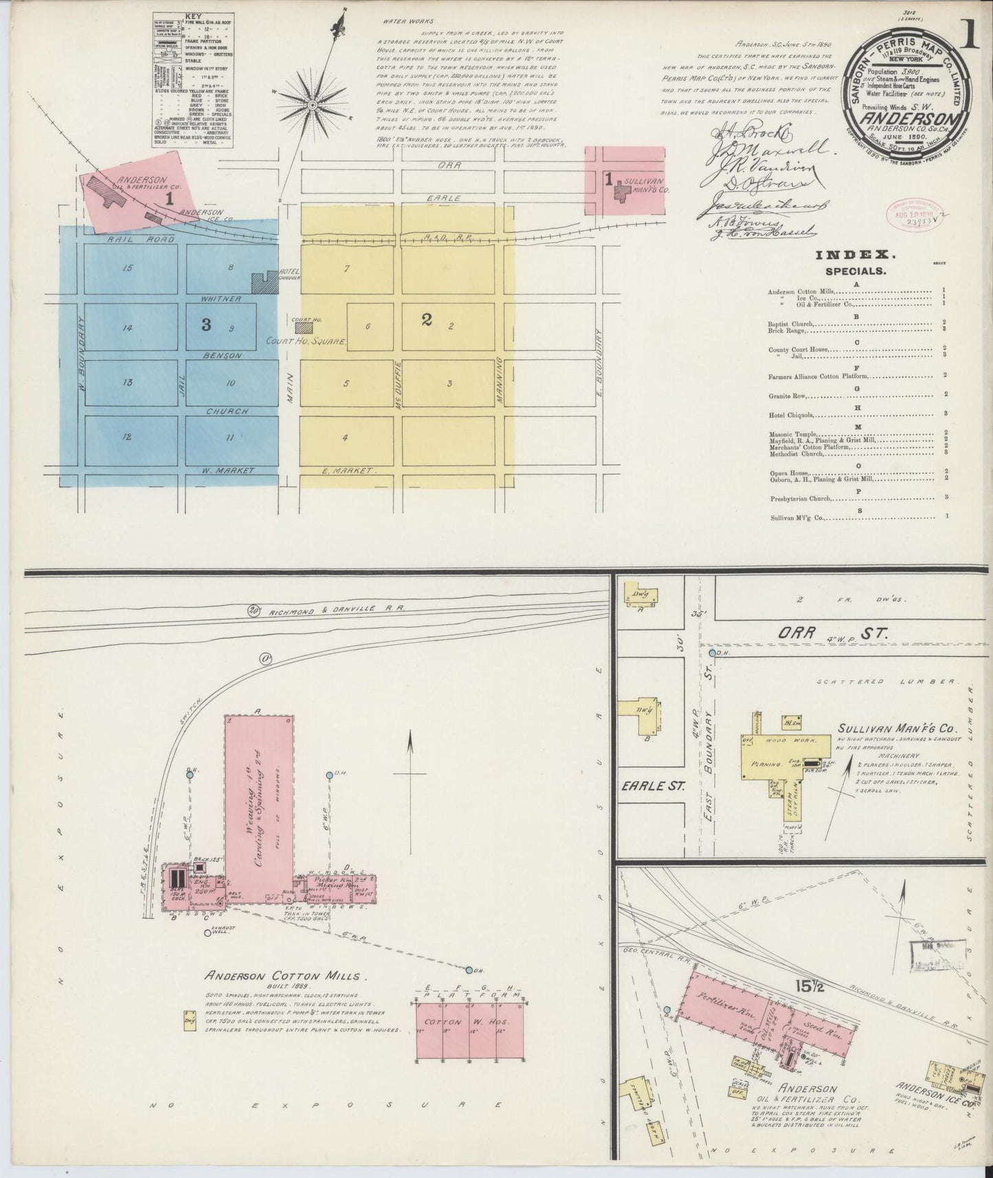 Sanborn Fire Insurance Map from Anderson, Anderson County, South Carolina (1890), Sheet #0001 - Complete Map Set gallery image, historic Sanborn map, vintage wall art, South Carolina South Carolina
