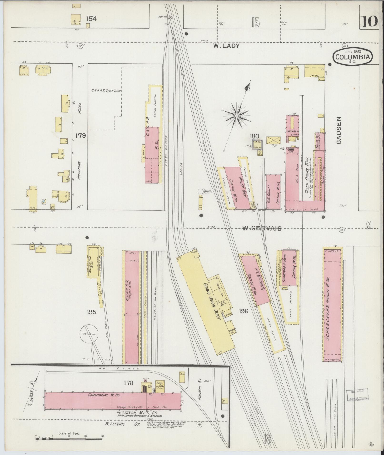 Sanborn Fire Insurance Map from Columbia, Richland County, South Carolina (1893), Sheet #0010 - Complete Map Set gallery image, historic Sanborn map, vintage wall art, South Carolina South Carolina
