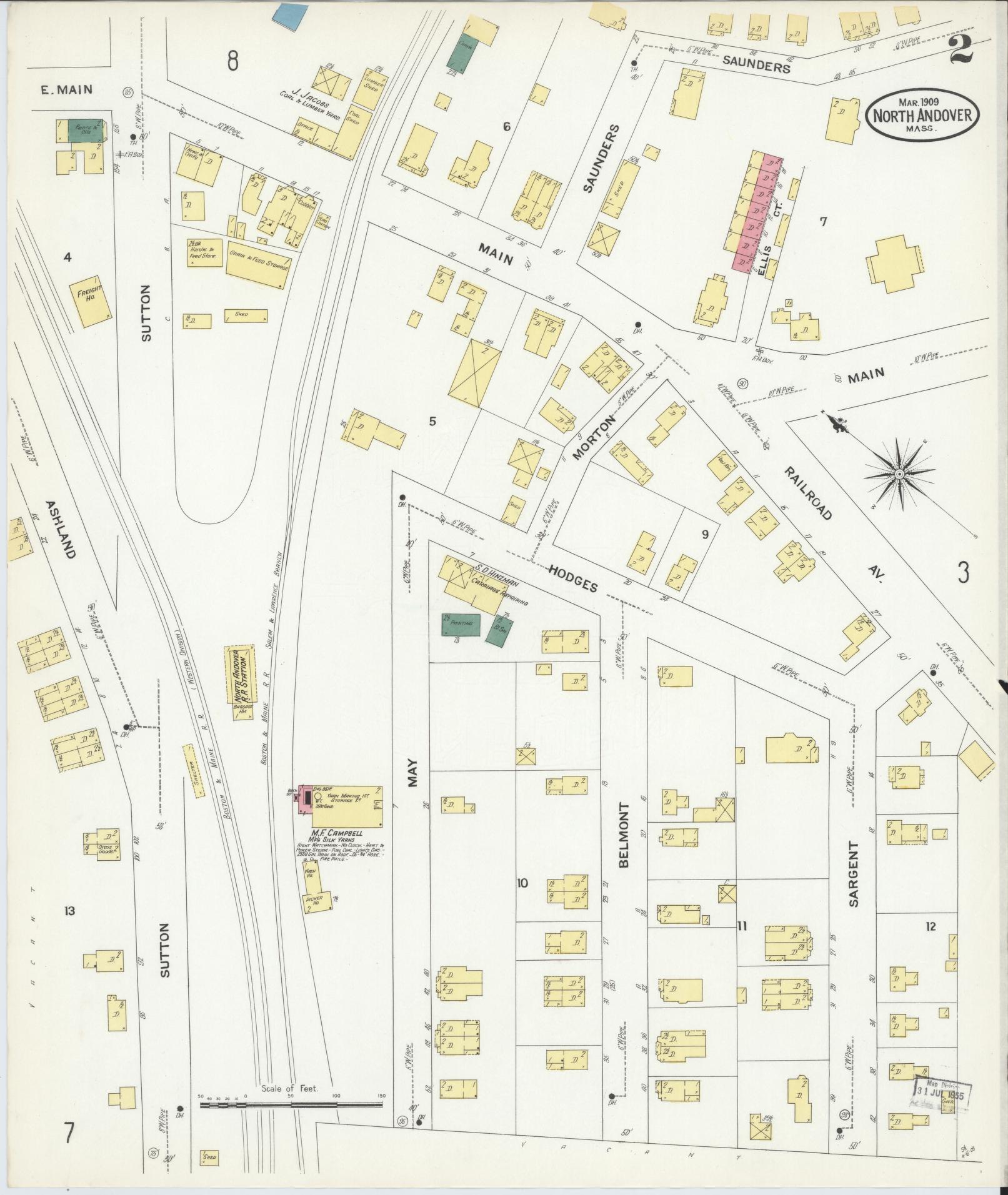 Sanborn Fire Insurance Map from North Andover, Essex County, Massachusetts (1909), Sheet #0002 - Complete Map Set gallery image, historic Sanborn map, vintage wall art, Massachusetts Massachusetts
