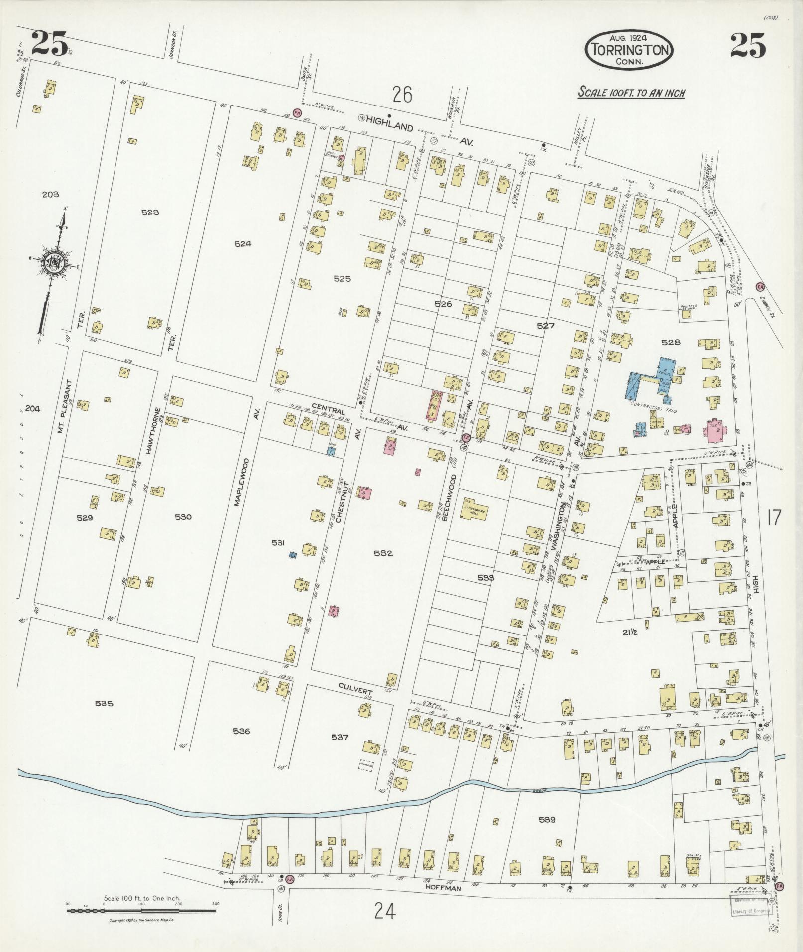 Sanborn Fire Insurance Map from Torrington, Litchfield County, Connecticut (1924), Sheet #0025 - Historic Sanborn Fire Insurance Map Print, vintage old map wall art, antique decor, genealogy gift, Connecticut Connecticut map