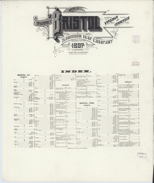 Sanborn Fire Insurance Map from Bristol, Sullivan County, Tennessee (1907), Sheet #0001 - Historic Sanborn Fire Insurance Map Print, vintage old map wall art, antique decor, genealogy gift, Tennessee Tennessee map