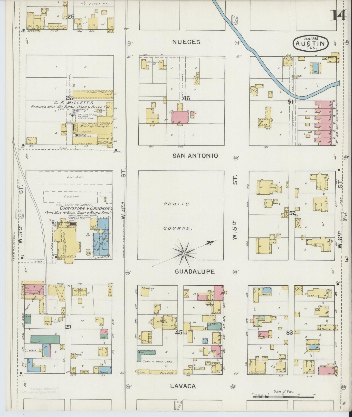 Sanborn Fire Insurance Map from Austin, Travis County, Texas (1894), Sheet #0014 - Historic Sanborn Fire Insurance Map Print, vintage old map wall art, antique decor, genealogy gift, Texas Texas map