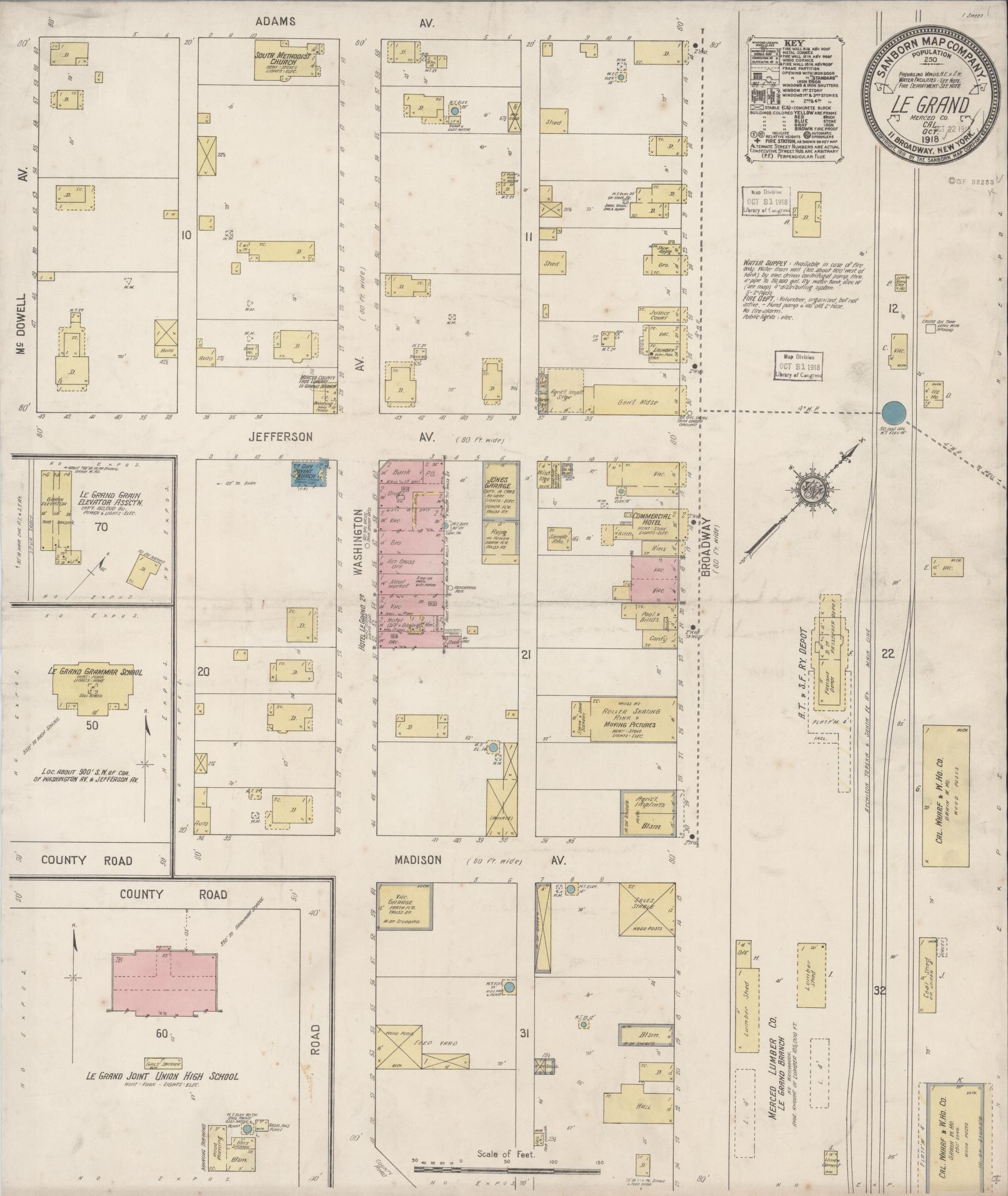 Sanborn Fire Insurance Map from Le Grand, Merced County, California (1918), Sheet #0001 - Historic Sanborn Fire Insurance Map Print, vintage old map wall art, antique decor, genealogy gift, California California map
