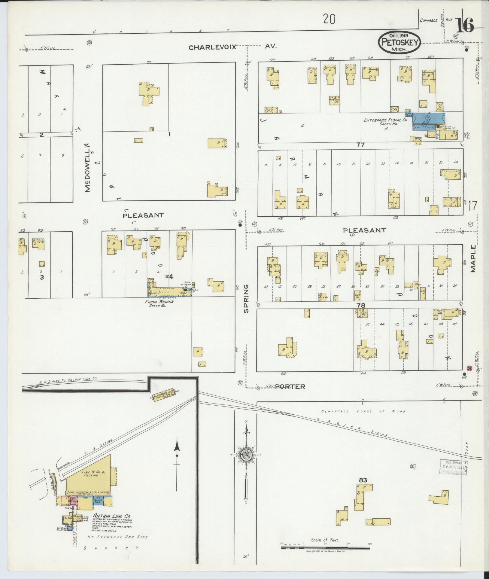 Sanborn Fire Insurance Map from Petoskey, Emmet County, Michigan (1919), Sheet #0016 - Complete Map Set gallery image, historic Sanborn map, vintage wall art, Michigan Michigan