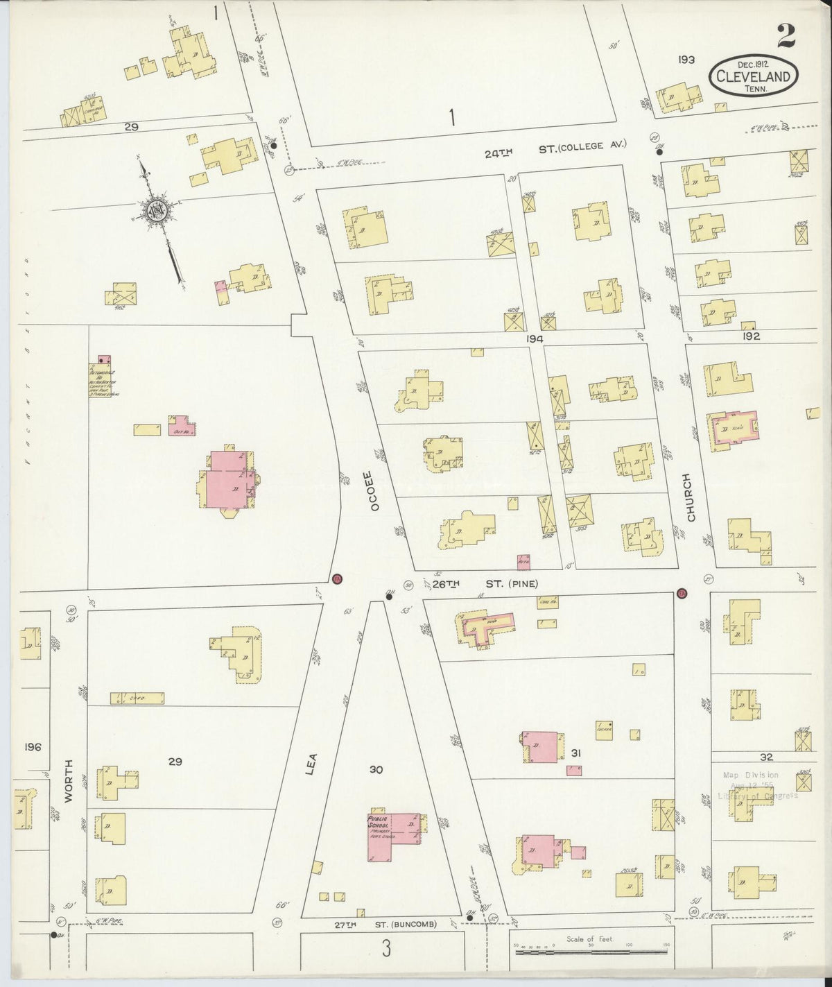 Sanborn Fire Insurance Map from Cleveland, Bradley County, Tennessee (1912), Sheet #0002 - Historic Sanborn Fire Insurance Map Print, vintage old map wall art, antique decor, genealogy gift, Tennessee Tennessee map