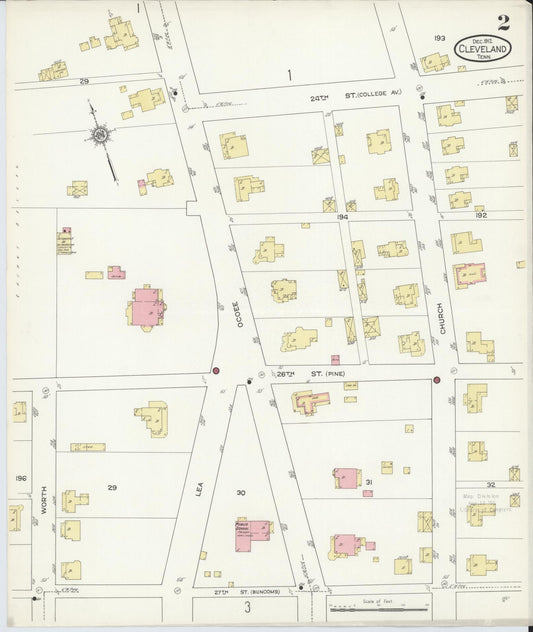 Sanborn Fire Insurance Map from Cleveland, Bradley County, Tennessee (1912), Sheet #0002 - Historic Sanborn Fire Insurance Map Print, vintage old map wall art, antique decor, genealogy gift, Tennessee Tennessee map