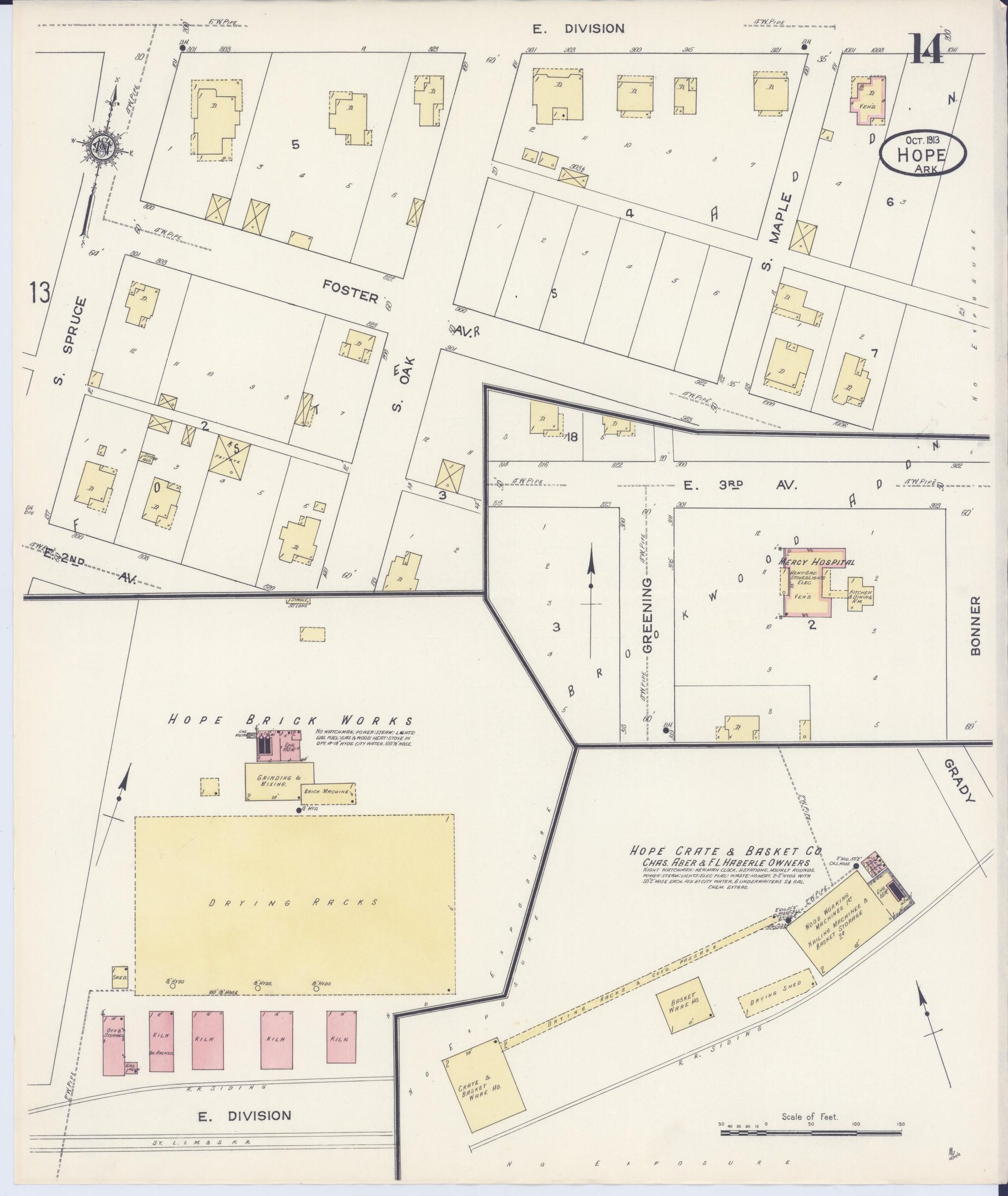 Sanborn Fire Insurance Map from Hope, Hempstead County, Arkansas (1913), Sheet #0014 - Historic Sanborn Fire Insurance Map Print, vintage old map wall art, antique decor, genealogy gift, Arkansas Arkansas map