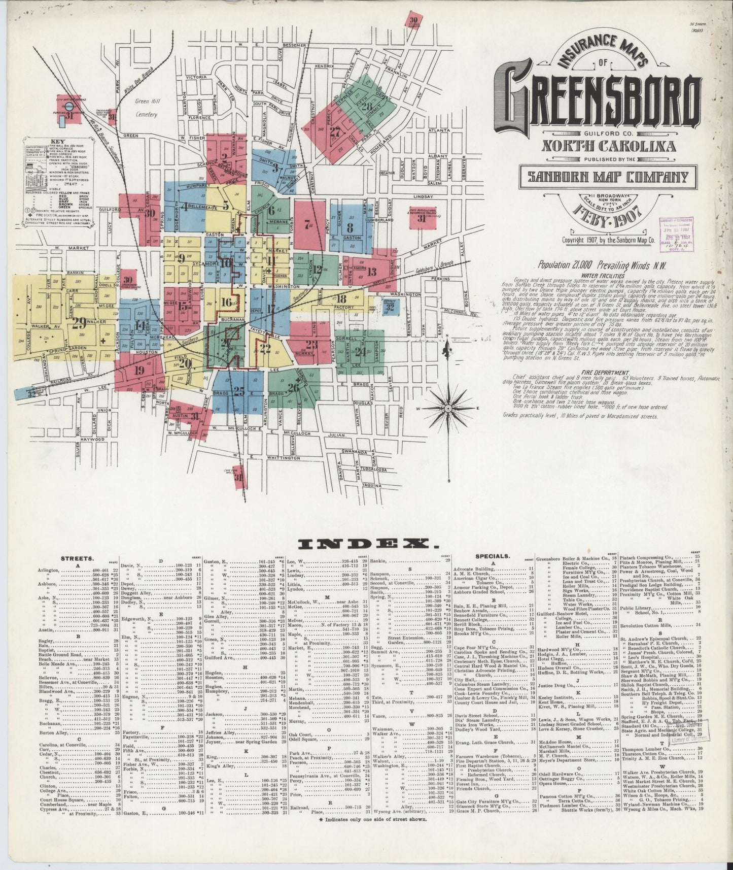 Sanborn Fire Insurance Map from Greensboro, Guilford County, North Carolina (1907), Sheet #0001 - Historic Sanborn Fire Insurance Map Print, vintage old map wall art, antique decor, genealogy gift, North Carolina North Carolina map