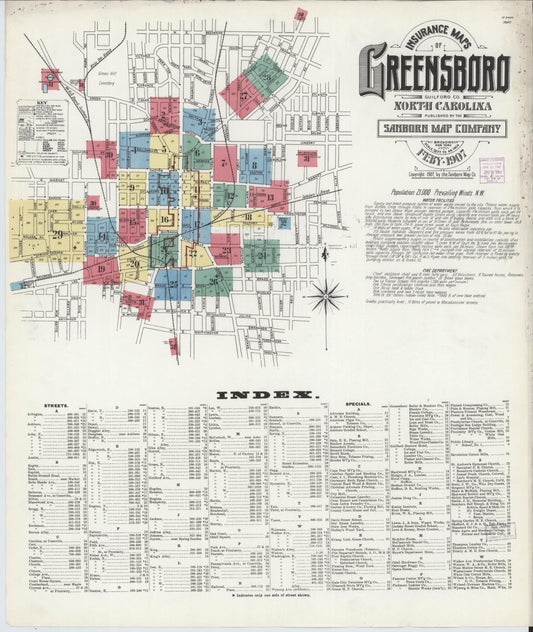 Sanborn Fire Insurance Map from Greensboro, Guilford County, North Carolina (1907), Sheet #0001 - Historic Sanborn Fire Insurance Map Print, vintage old map wall art, antique decor, genealogy gift, North Carolina North Carolina map