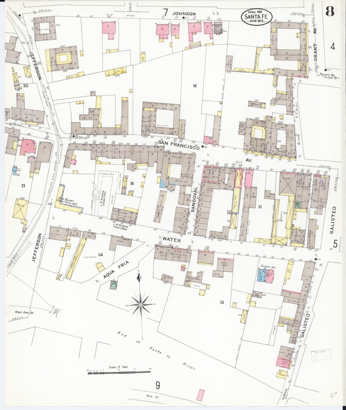Sanborn Fire Insurance Map from Santa Fe, Santa Fe County, New Mexico (1908), Sheet #0008 - Complete Map Set gallery image, historic Sanborn map, vintage wall art, New Mexico New Mexico