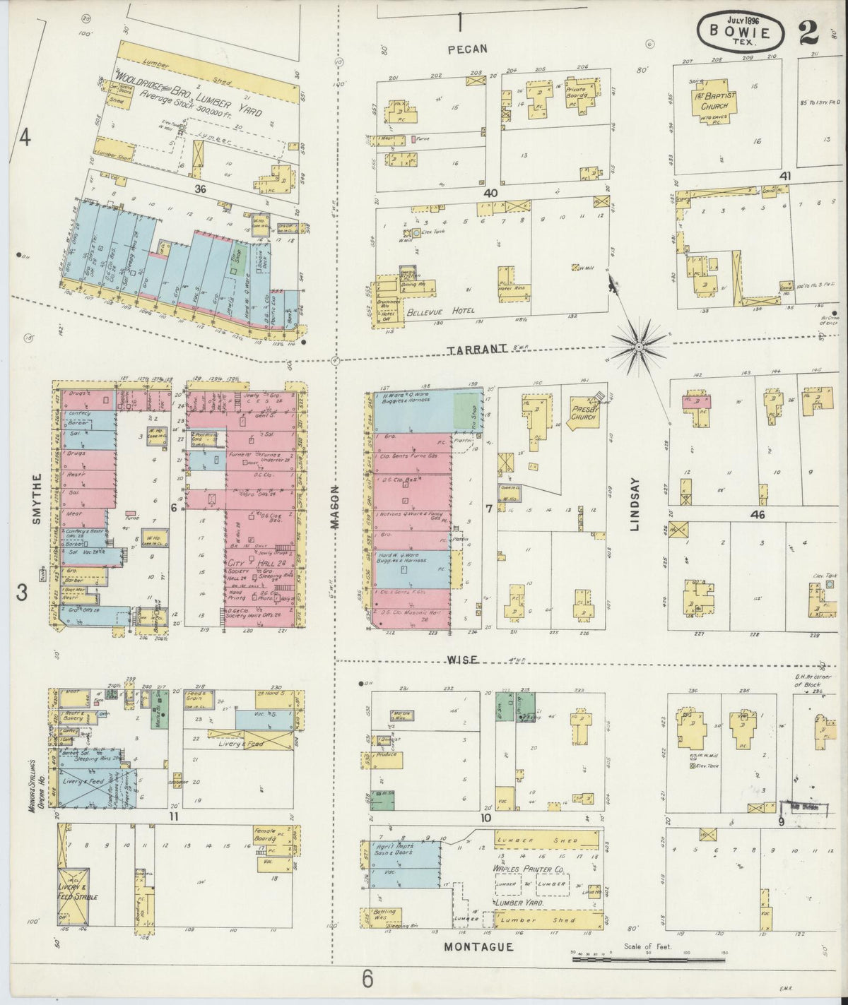 Sanborn Fire Insurance Map from Bowie, Montague County, Texas (1896), Sheet #0002 - Complete Map Set gallery image, historic Sanborn map, vintage wall art, Texas Texas