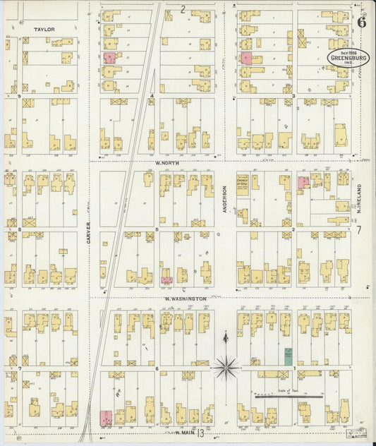 Sanborn Fire Insurance Map from Greensburg, Decatur County, Indiana (1906), Sheet #0006 - Historic Sanborn Fire Insurance Map Print, vintage old map wall art, antique decor, genealogy gift, Indiana Indiana map