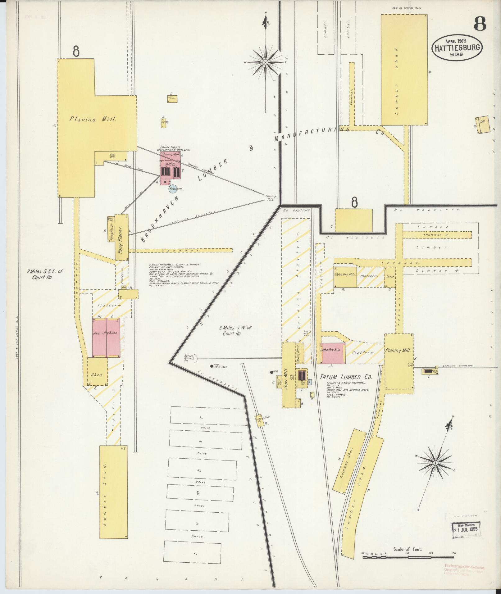 Sanborn Fire Insurance Map from Hattiesburg, Forrest County, Mississippi (1903), Sheet #0008 - Complete Map Set gallery image, historic Sanborn map, vintage wall art, Mississippi Mississippi