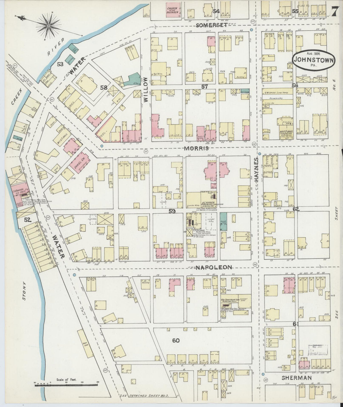 Sanborn Fire Insurance Map from Johnstown, Cambria County, Pennsylvania (1891), Sheet #0007 - Historic Sanborn Fire Insurance Map Print, vintage old map wall art, antique decor, genealogy gift, Pennsylvania Pennsylvania map