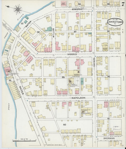 Sanborn Fire Insurance Map from Johnstown, Cambria County, Pennsylvania (1891), Sheet #0007 - Historic Sanborn Fire Insurance Map Print, vintage old map wall art, antique decor, genealogy gift, Pennsylvania Pennsylvania map