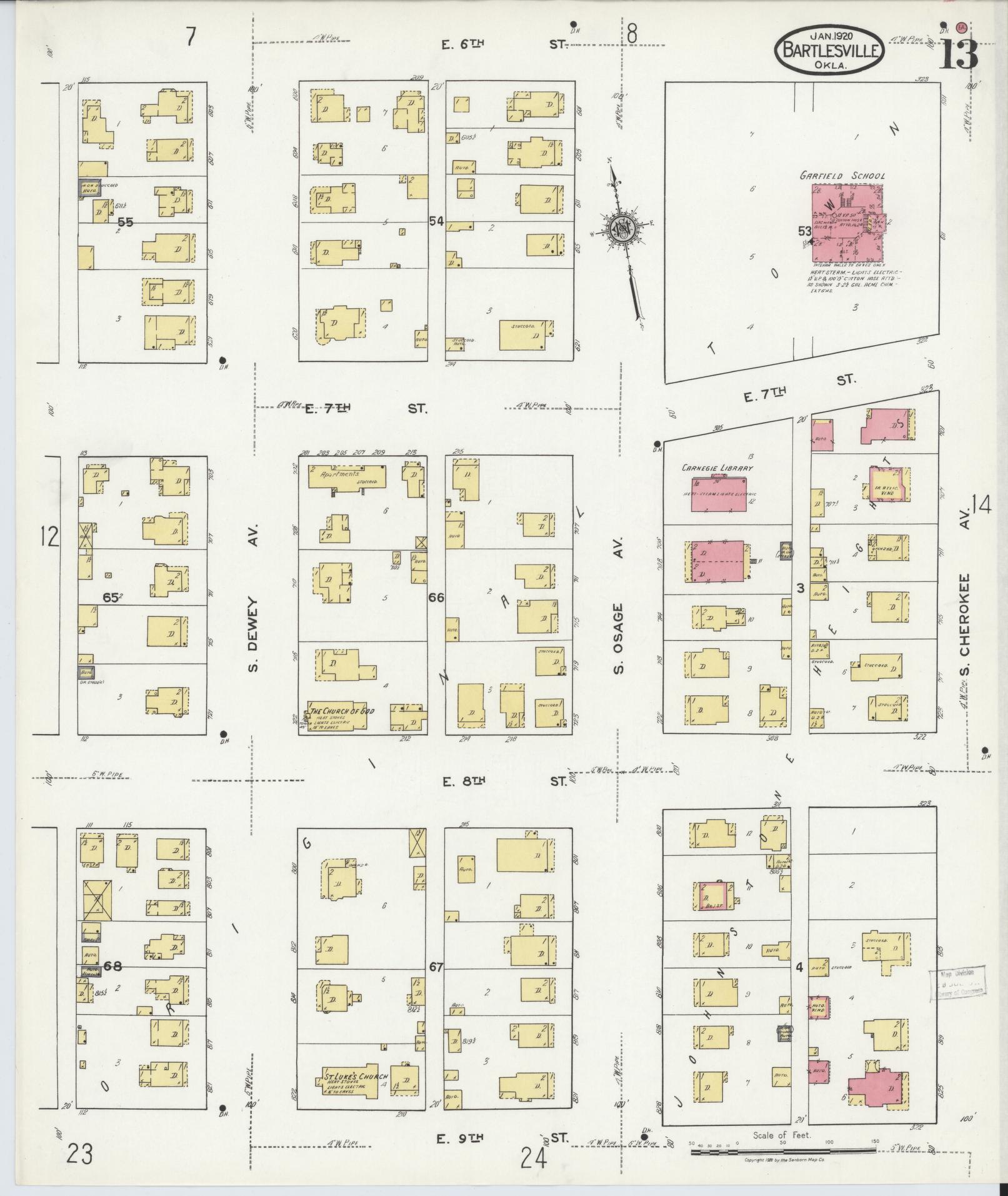 Sanborn Fire Insurance Map from Bartlesville, Washington County, Oklahoma (1920), Sheet #0013 - Historic Sanborn Fire Insurance Map Print, vintage old map wall art, antique decor, genealogy gift, Oklahoma Oklahoma map