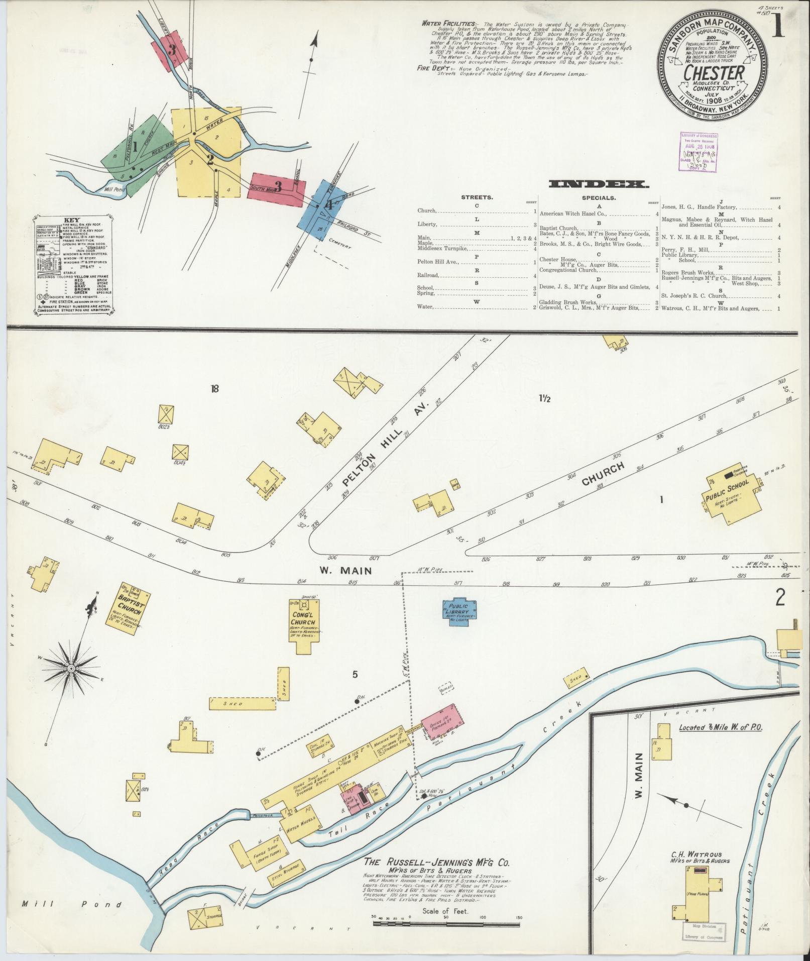 Sanborn Fire Insurance Map from Chester, Middlesex County, Connecticut (1908), Sheet #0001 - Historic Sanborn Fire Insurance Map Print, vintage old map wall art, antique decor, genealogy gift, Connecticut Connecticut map