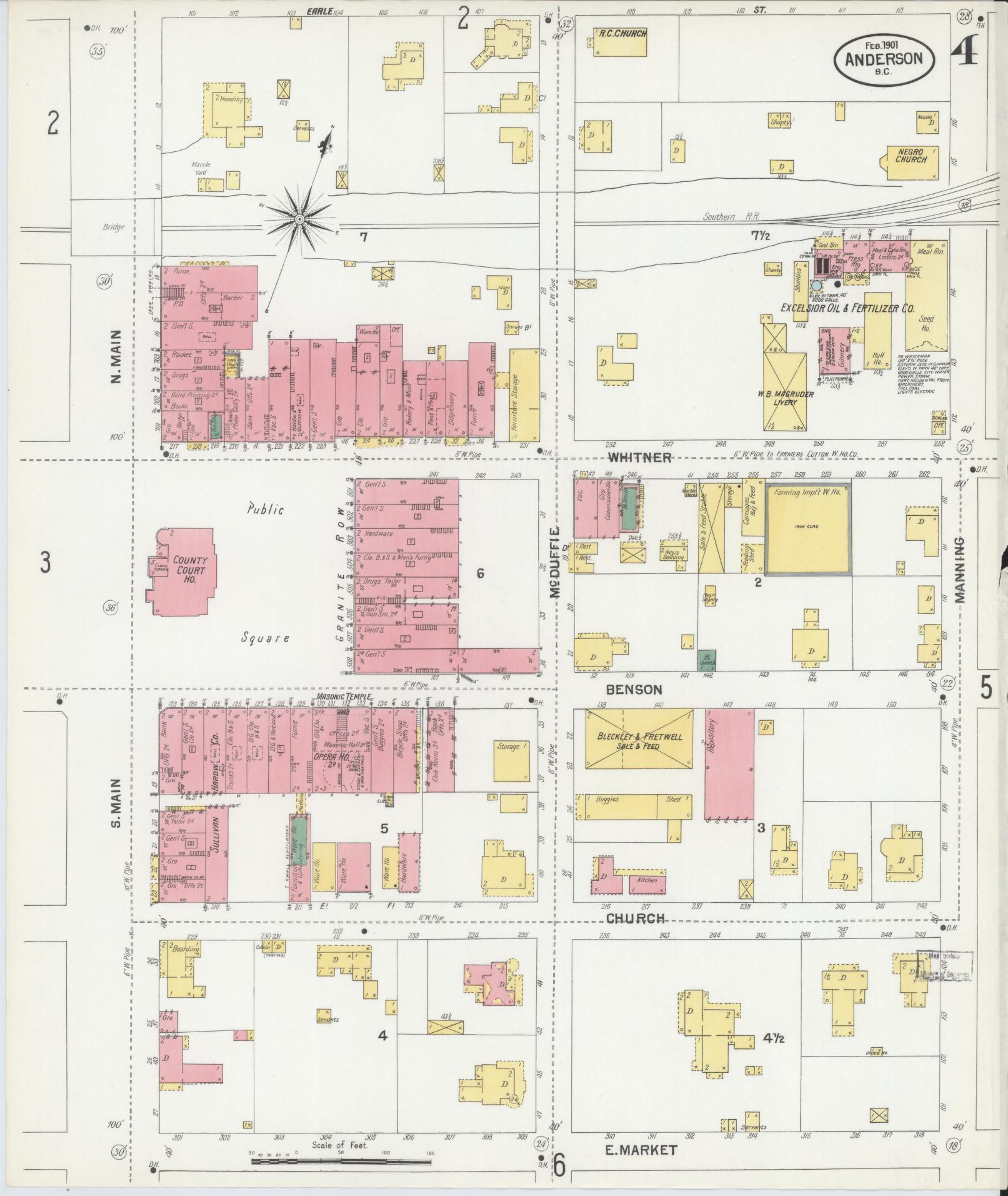 Sanborn Fire Insurance Map from Anderson, Anderson County, South Carolina (1901), Sheet #0004 - Complete Map Set gallery image, historic Sanborn map, vintage wall art, South Carolina South Carolina