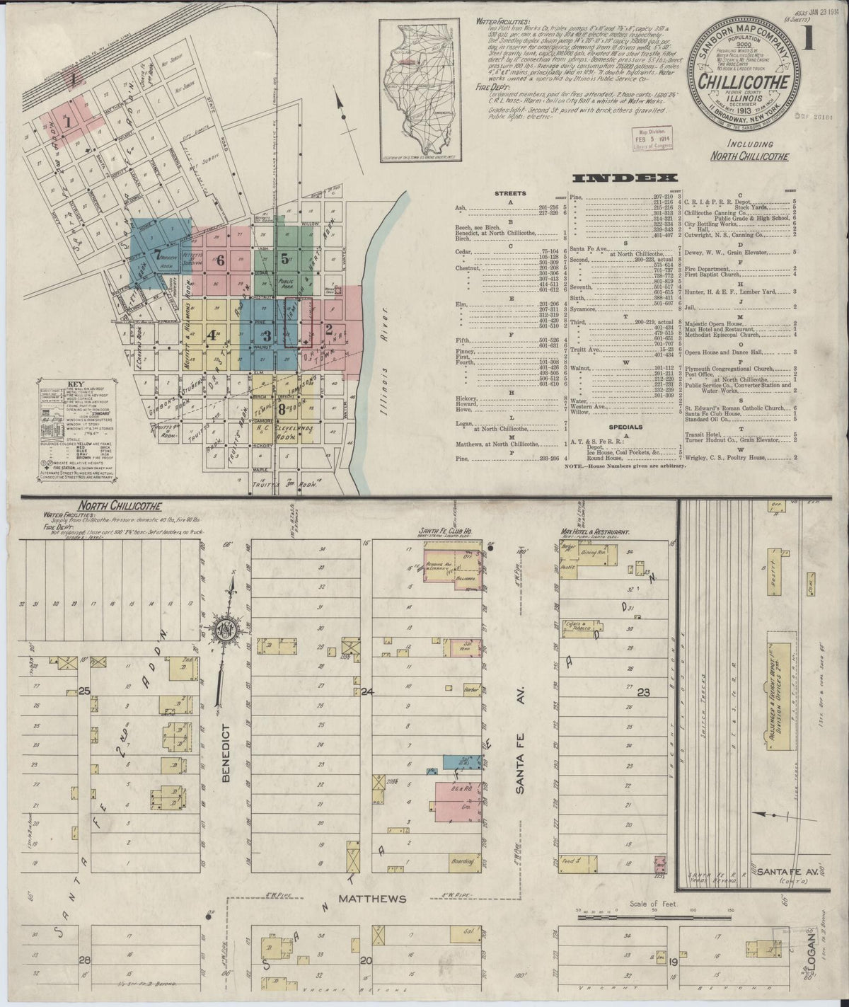 Sanborn Fire Insurance Map from Chillicothe, Peoria County, Illinois (1913), Sheet #0001 - Historic Sanborn Fire Insurance Map Print, vintage old map wall art, antique decor, genealogy gift, Illinois Illinois map