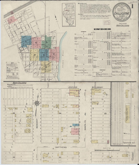 Sanborn Fire Insurance Map from Chillicothe, Peoria County, Illinois (1913), Sheet #0001 - Historic Sanborn Fire Insurance Map Print, vintage old map wall art, antique decor, genealogy gift, Illinois Illinois map