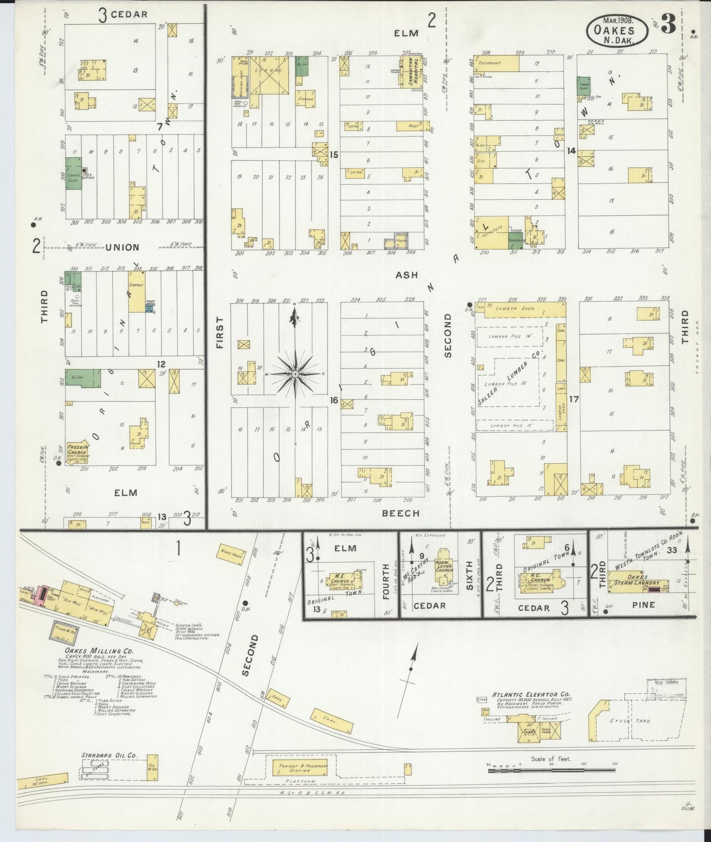 Sanborn Fire Insurance Map from Oakes, Dickey County, North Dakota (1908), Sheet #0003 - Complete Map Set gallery image, historic Sanborn map, vintage wall art, North Dakota North Dakota