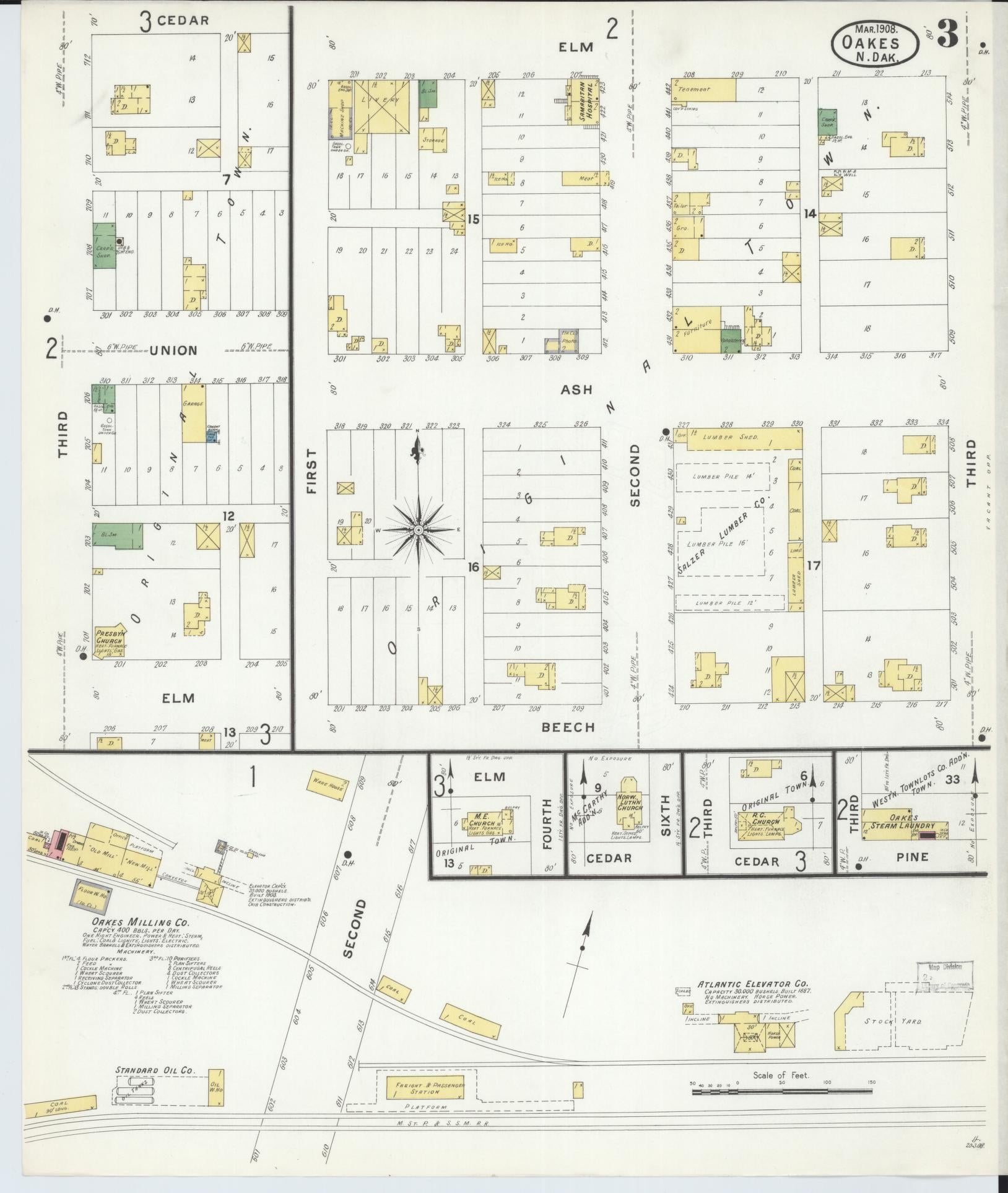 Sanborn Fire Insurance Map from Oakes, Dickey County, North Dakota (1908), Sheet #0003 - Complete Map Set gallery image, historic Sanborn map, vintage wall art, North Dakota North Dakota