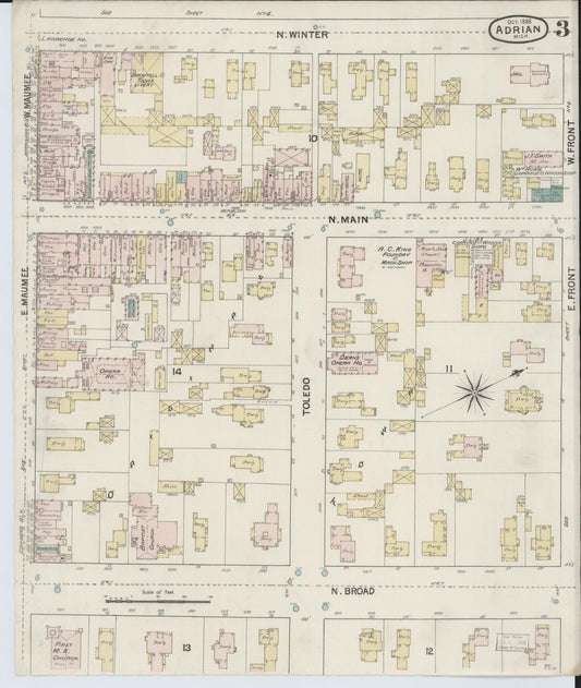 Sanborn Fire Insurance Map from Adrian, Lenawee County, Michigan (1888), Sheet #0003 - Historic Sanborn Fire Insurance Map Print, vintage old map wall art, antique decor, genealogy gift, Michigan Michigan map