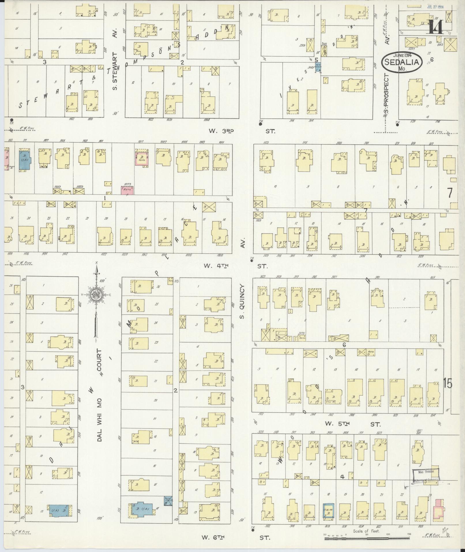 Sanborn Fire Insurance Map from Sedalia, Pettis County, Missouri (1914), Sheet #0014 - Historic Sanborn Fire Insurance Map Print, vintage old map wall art, antique decor, genealogy gift, Missouri Missouri map