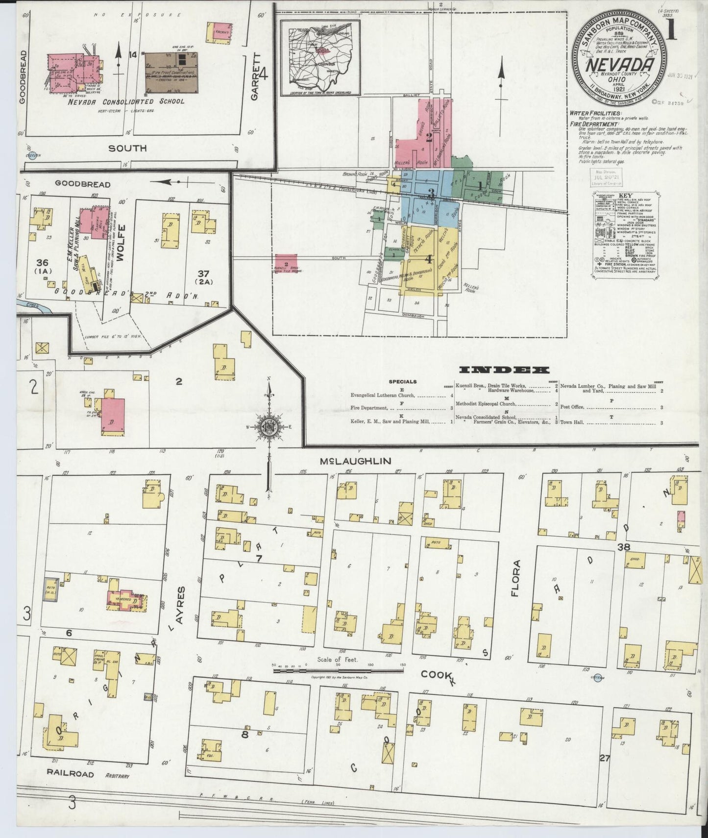 Sanborn Fire Insurance Map from Nevada, Wyandot County, Ohio (1921), Sheet #0001 - Complete Map Set gallery image, historic Sanborn map, vintage wall art, Nevada Nevada