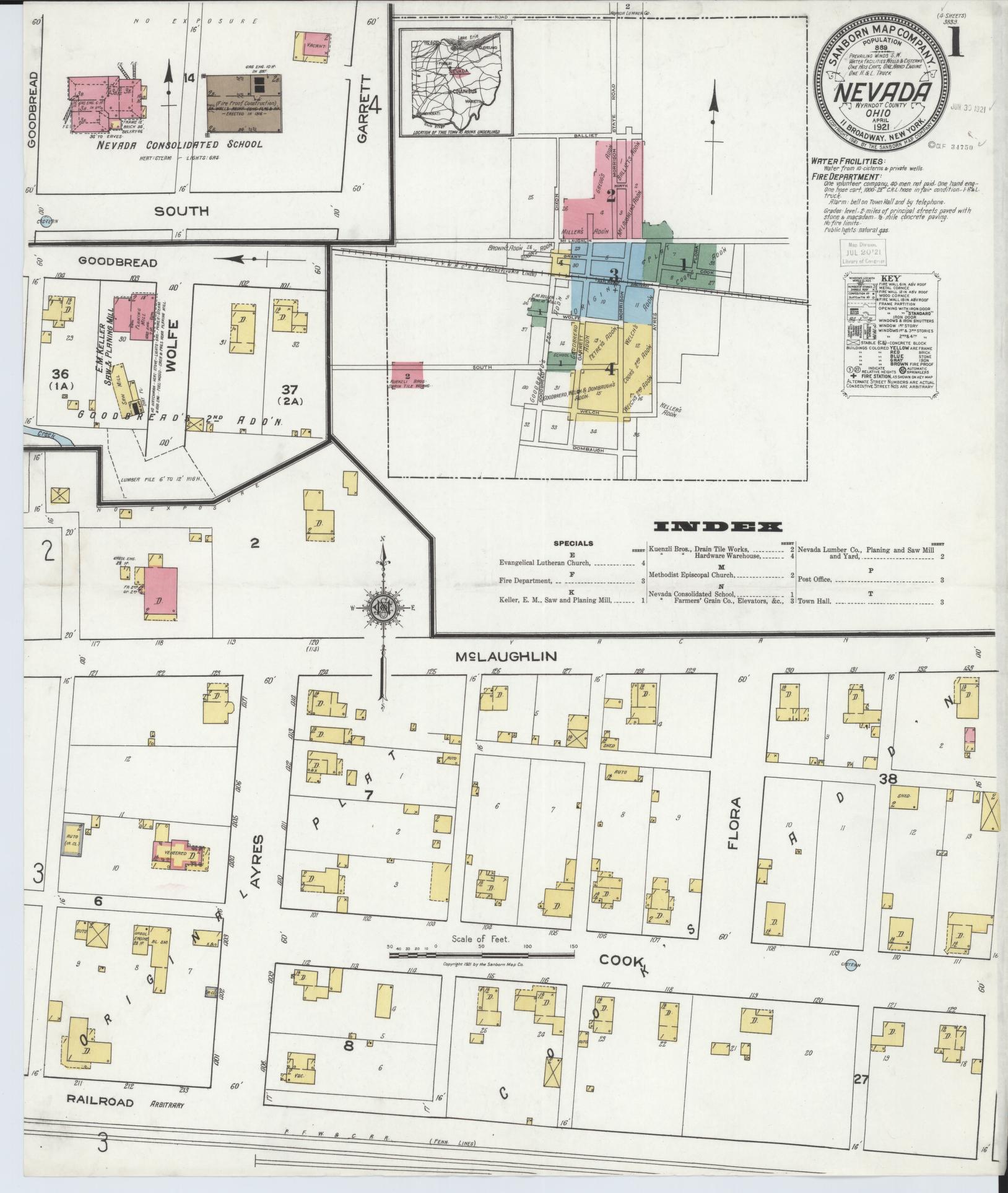 Sanborn Fire Insurance Map from Nevada, Wyandot County, Ohio (1921), Sheet #0001 - Complete Map Set gallery image, historic Sanborn map, vintage wall art, Nevada Nevada
