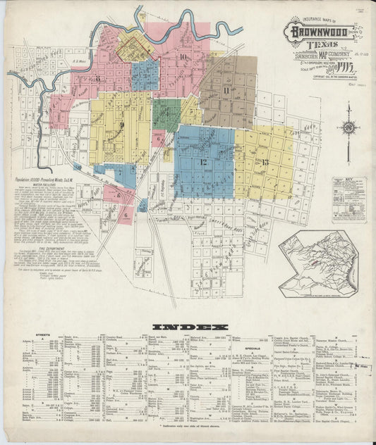 Sanborn Fire Insurance Map from Brownwood, Brown County, Texas (1915), Sheet #0001 - Historic Sanborn Fire Insurance Map Print, vintage old map wall art, antique decor, genealogy gift, Texas Texas map