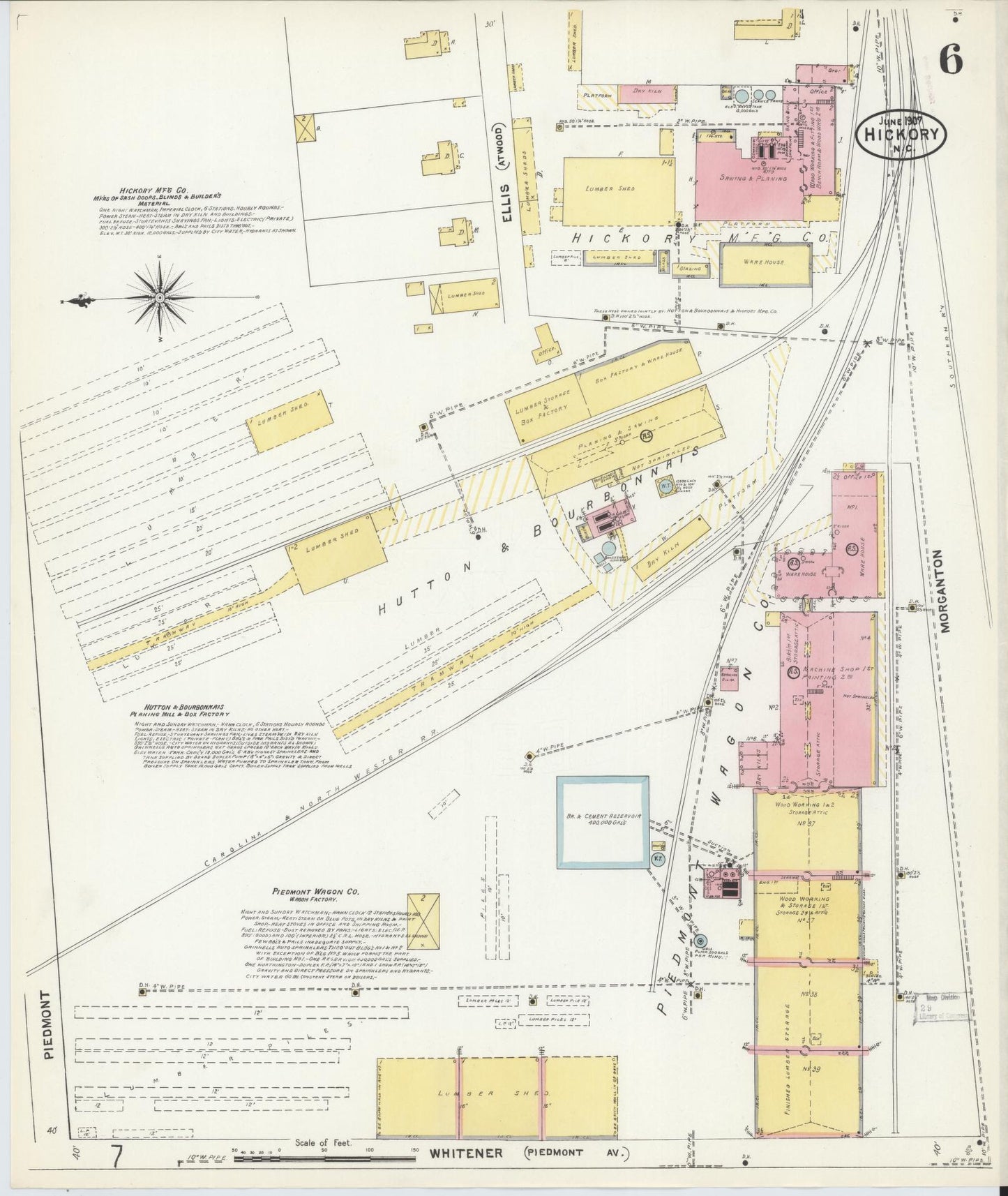 Sanborn Fire Insurance Map from Hickory, Catawba County, North Carolina (1907), Sheet #0006 - Historic Sanborn Fire Insurance Map Print, vintage old map wall art, antique decor, genealogy gift, North Carolina North Carolina map