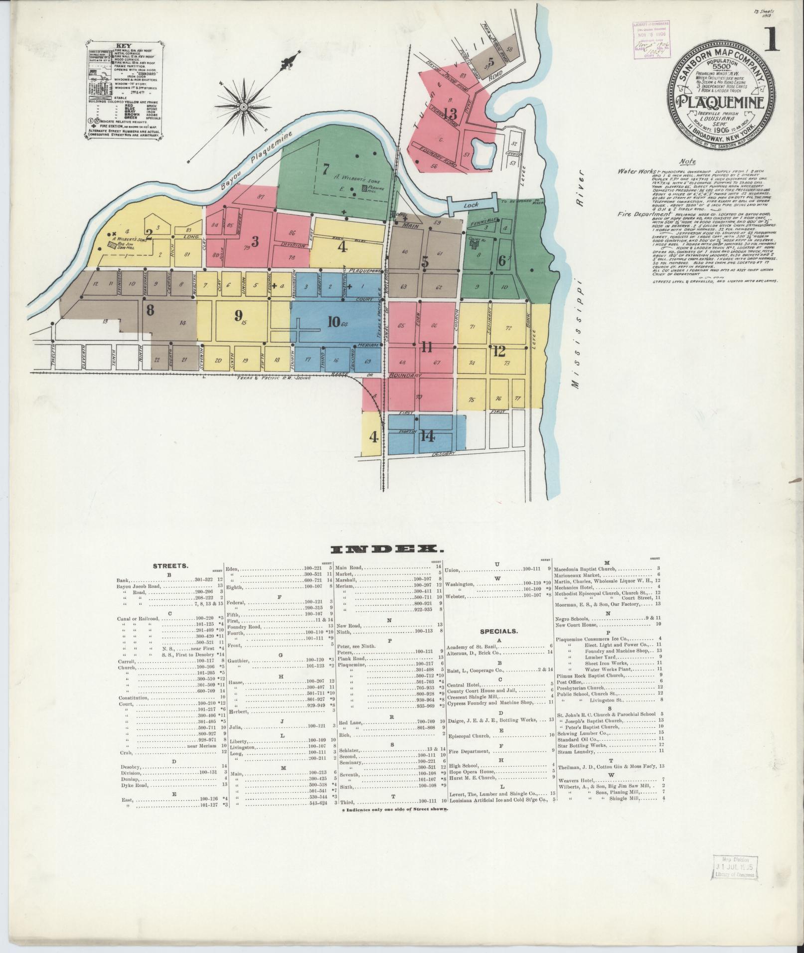 Sanborn Fire Insurance Map from Plaquemine, Iberville Parish, Louisiana. (1906) – Historic Sanborn Fire Insurance Map Print