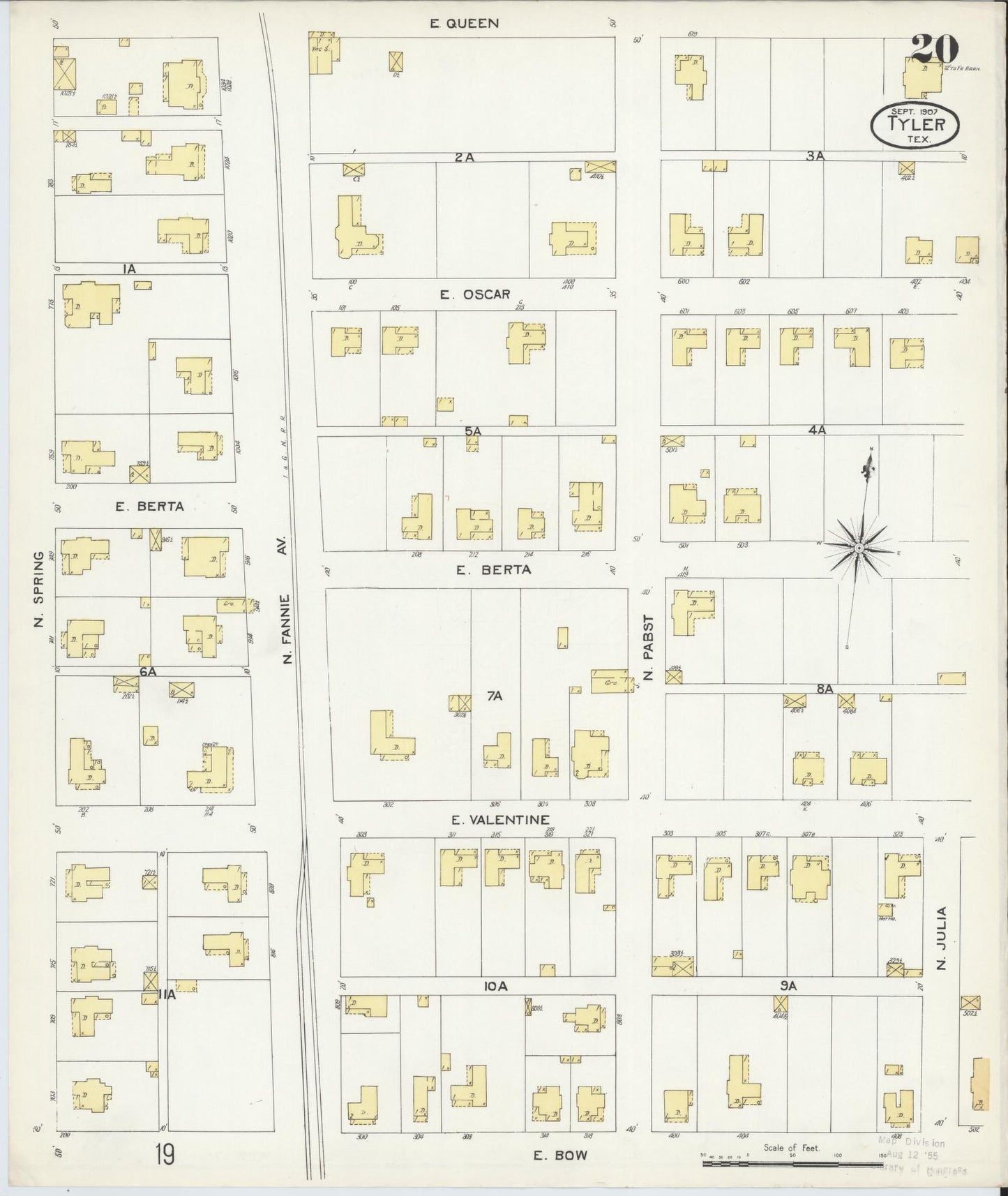 Sanborn Fire Insurance Map from Tyler, Smith County, Texas (1907), Sheet #0020 - Complete Map Set gallery image, historic Sanborn map, vintage wall art, Texas Texas