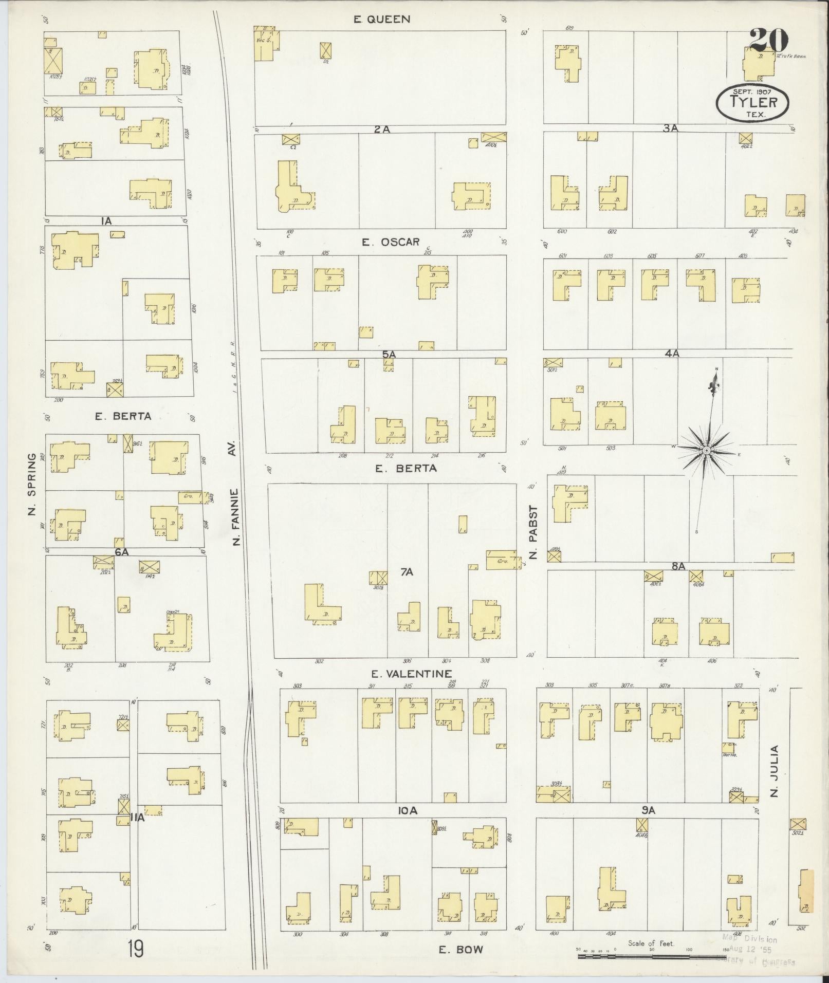 Sanborn Fire Insurance Map from Tyler, Smith County, Texas (1907), Sheet #0020 - Complete Map Set gallery image, historic Sanborn map, vintage wall art, Texas Texas