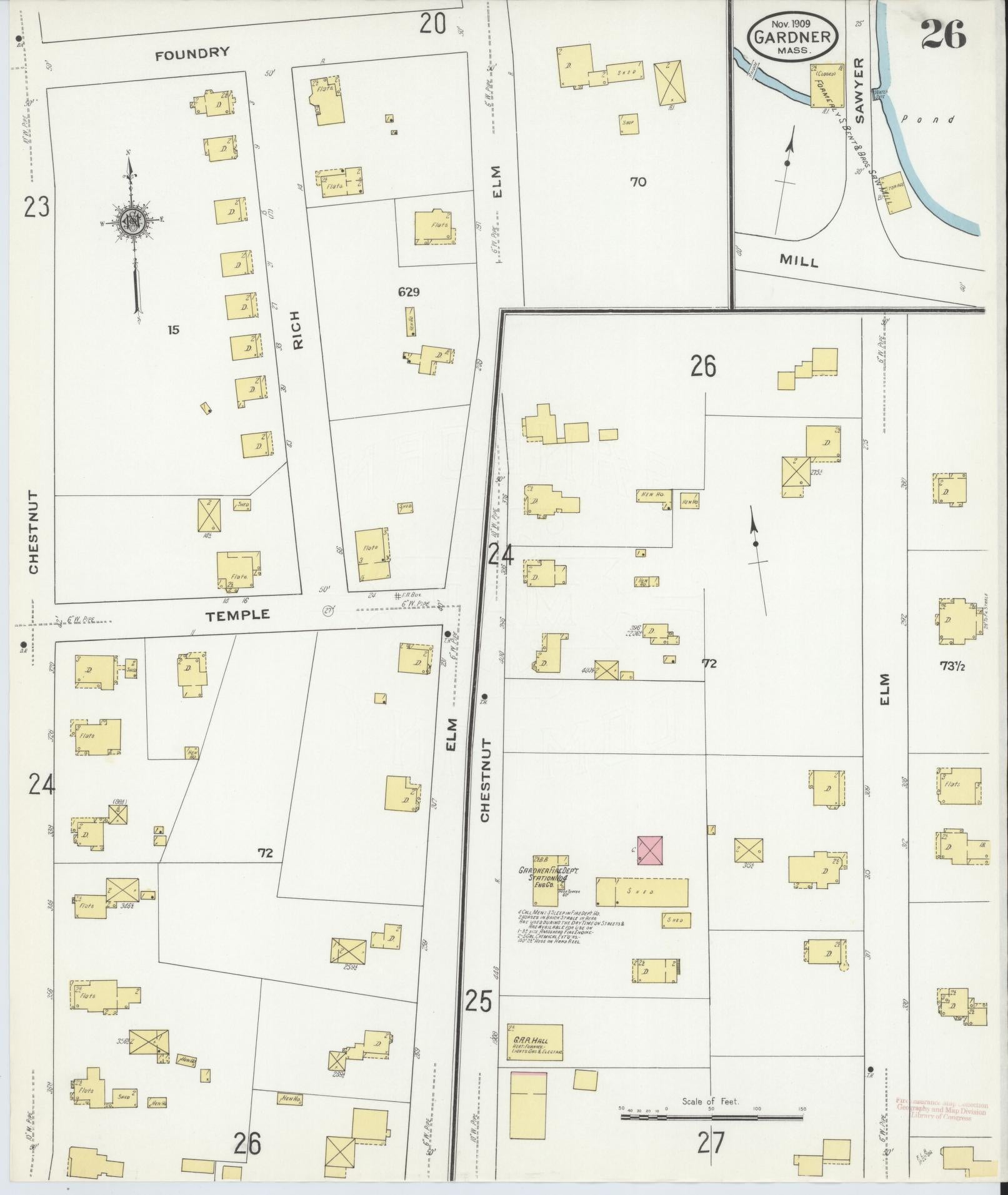 Sanborn Fire Insurance Map from Gardner, Worcester County, Massachusetts (1909), Sheet #0026 - Historic Sanborn Fire Insurance Map Print, vintage old map wall art, antique decor, genealogy gift, Massachusetts Massachusetts map