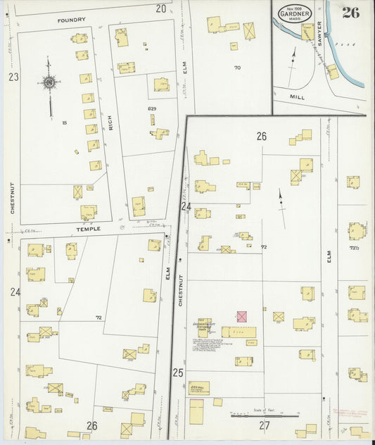 Sanborn Fire Insurance Map from Gardner, Worcester County, Massachusetts (1909), Sheet #0026 - Historic Sanborn Fire Insurance Map Print, vintage old map wall art, antique decor, genealogy gift, Massachusetts Massachusetts map