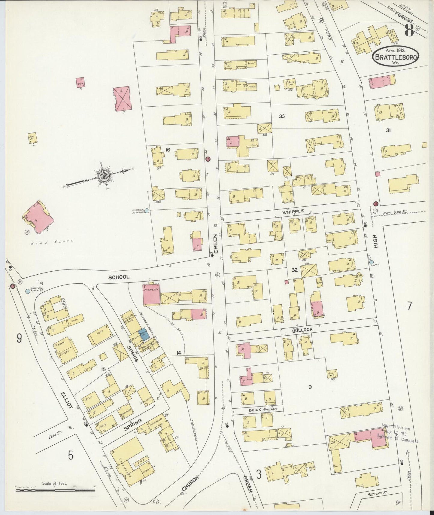 Sanborn Fire Insurance Map from Brattleboro, Windham County, Vermont (1912), Sheet #0008 - Historic Sanborn Fire Insurance Map Print, vintage old map wall art, antique decor, genealogy gift, Vermont Vermont map