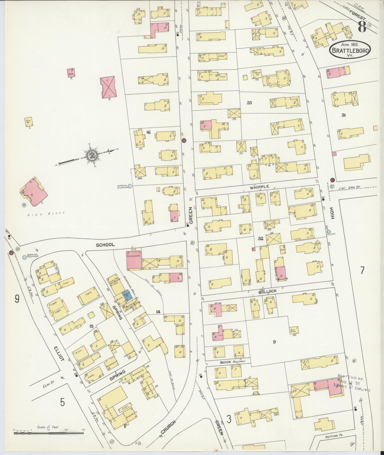 Sanborn Fire Insurance Map from Brattleboro, Windham County, Vermont (1912), Sheet #0008 - Historic Sanborn Fire Insurance Map Print, vintage old map wall art, antique decor, genealogy gift, Vermont Vermont map