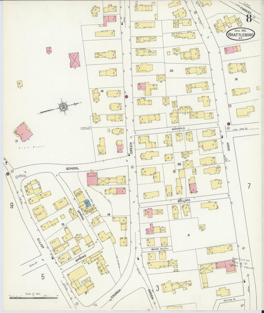 Sanborn Fire Insurance Map from Brattleboro, Windham County, Vermont (1912), Sheet #0008 - Historic Sanborn Fire Insurance Map Print, vintage old map wall art, antique decor, genealogy gift, Vermont Vermont map
