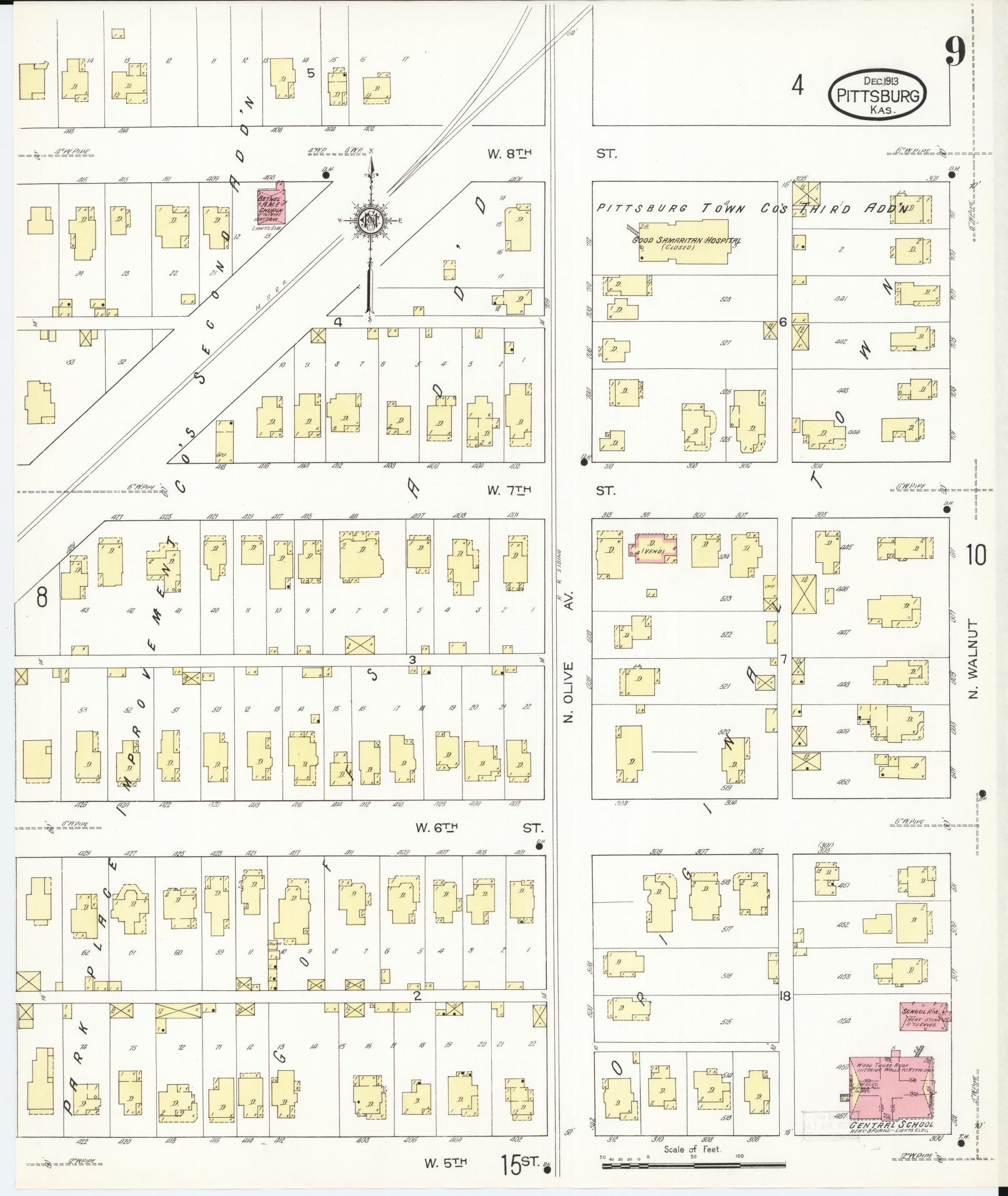 Sanborn Fire Insurance Map from Pittsburg, Crawford County, Kansas (1913), Sheet #0009 - Complete Map Set gallery image, historic Sanborn map, vintage wall art, Kansas Kansas