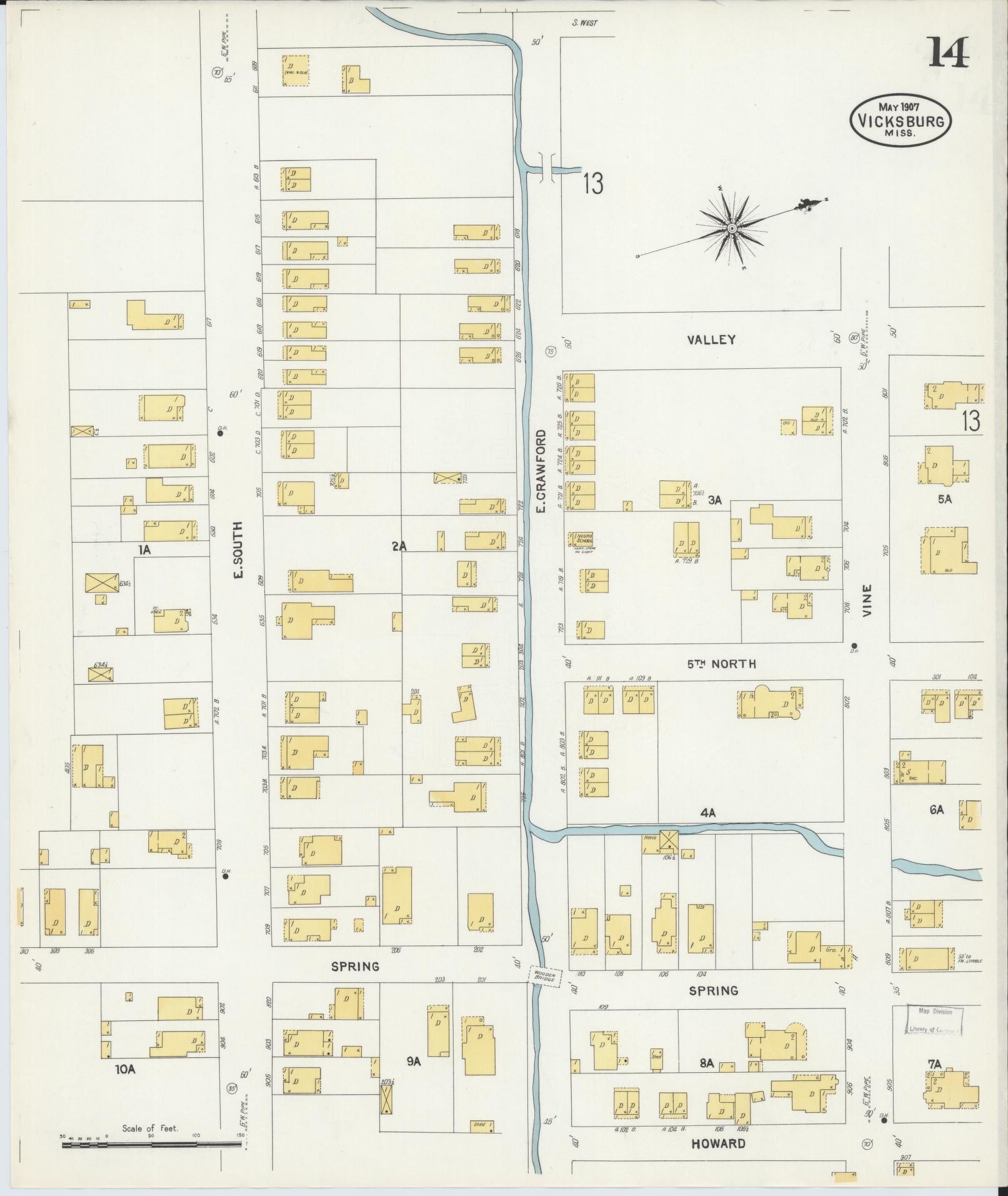 Sanborn Fire Insurance Map from Vicksburg, Warren County, Mississippi (1907), Sheet #0014 - Historic Sanborn Fire Insurance Map Print, vintage old map wall art, antique decor, genealogy gift, Mississippi Mississippi map