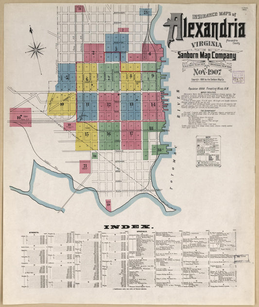 Sanborn Fire Insurance Map from Alexandria, Independent Cities, Virginia (1907), Sheet #0001 - Historic Sanborn Fire Insurance Map Print, vintage old map wall art, antique decor, genealogy gift, Virginia Virginia map
