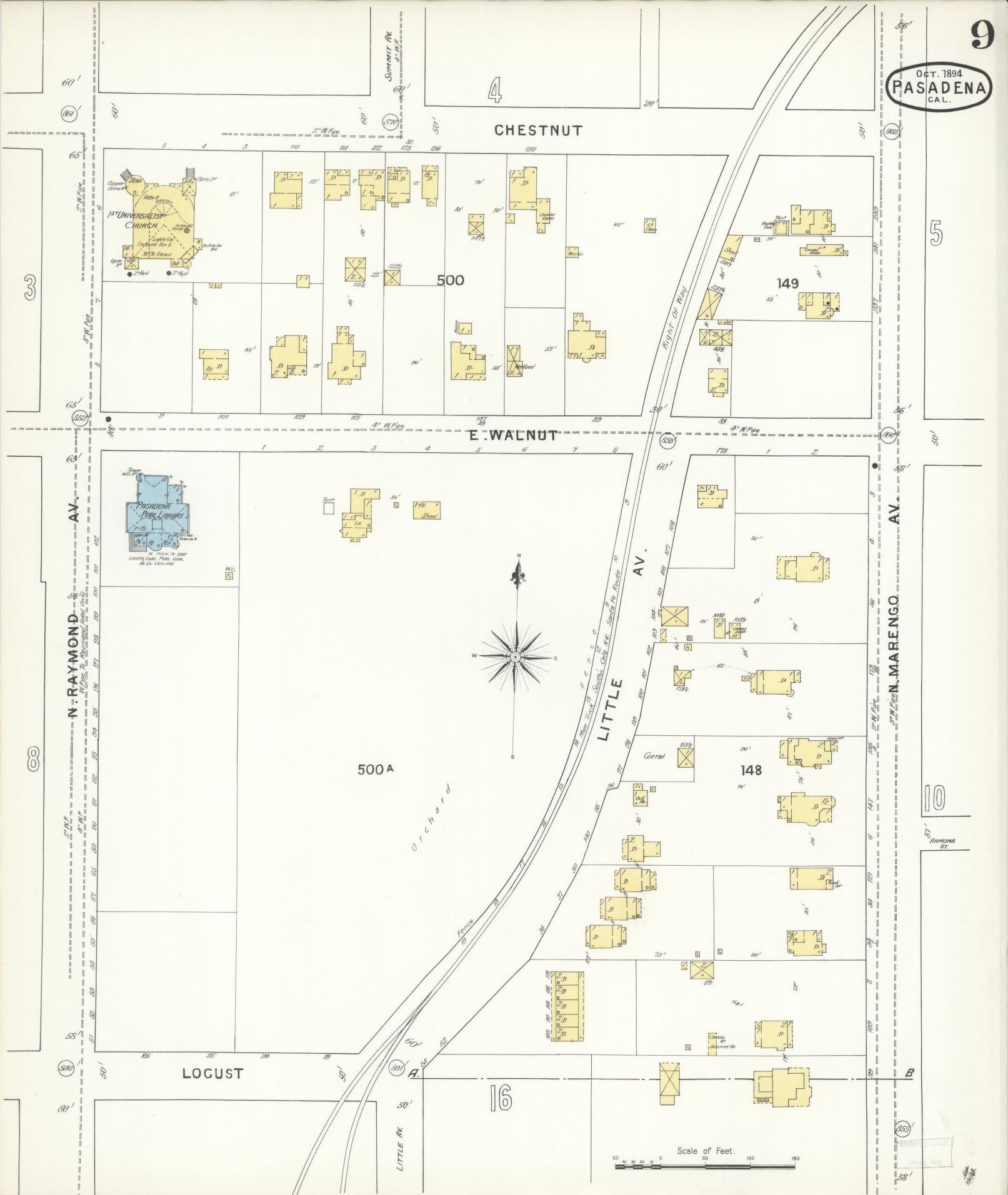 Sanborn Fire Insurance Map from Pasadena, Los Angeles County, California (1894), Sheet #0009 - Complete Map Set gallery image, historic Sanborn map, vintage wall art, California California
