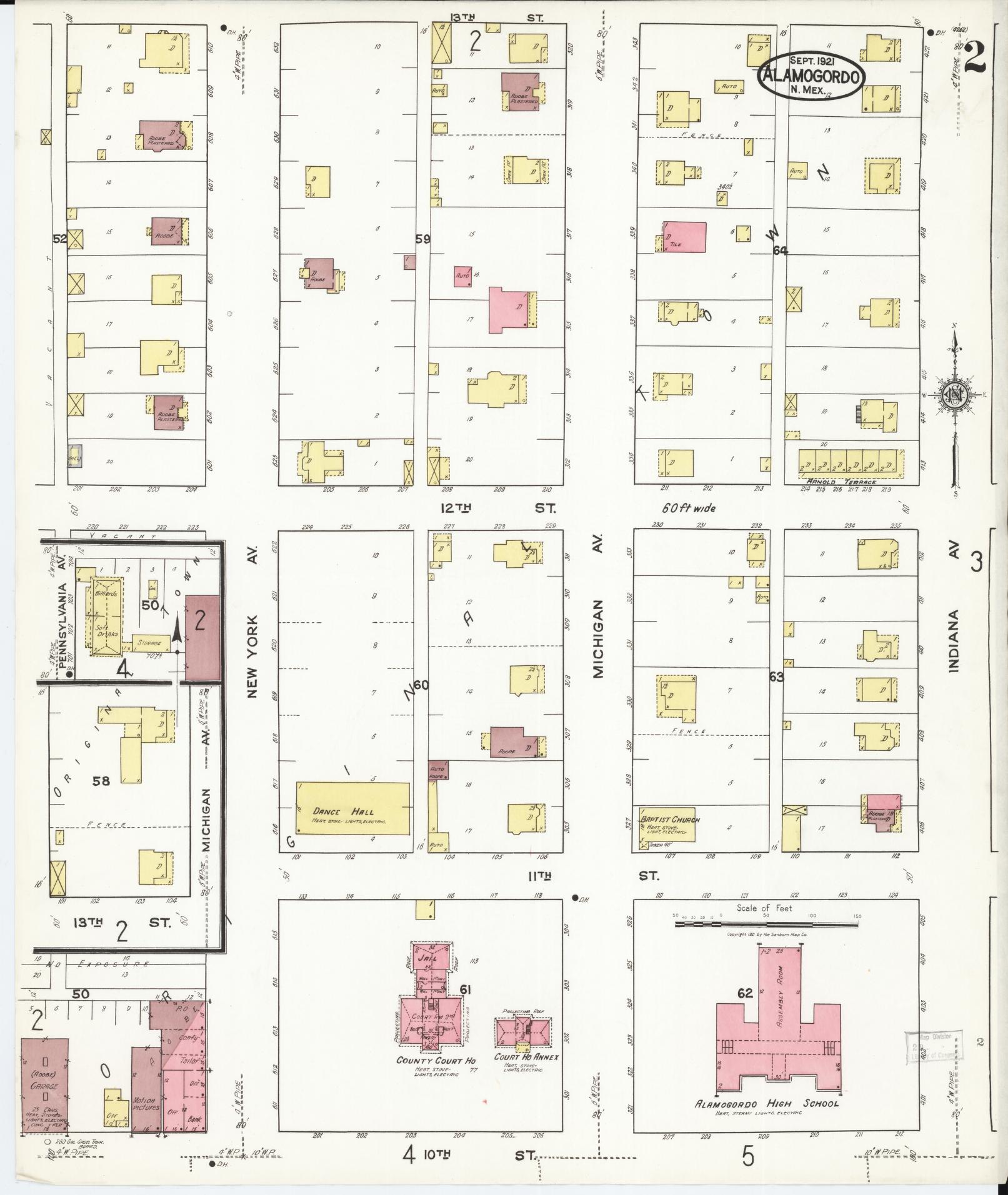 Sanborn Fire Insurance Map from Alamogordo, Otero County, New Mexico (1921), Sheet #0002 - Historic Sanborn Fire Insurance Map Print, vintage old map wall art, antique decor, genealogy gift, New Mexico New Mexico map