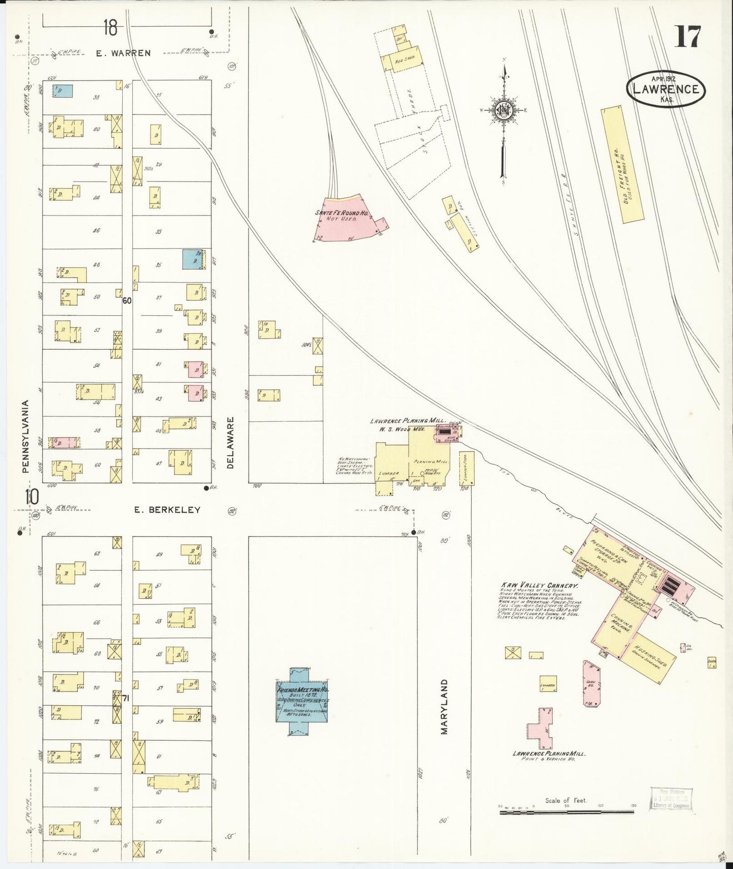 Sanborn Fire Insurance Map from Lawrence, Douglas County, Kansas (1912), Sheet #0017 - Complete Map Set gallery image, historic Sanborn map, vintage wall art, Kansas Kansas