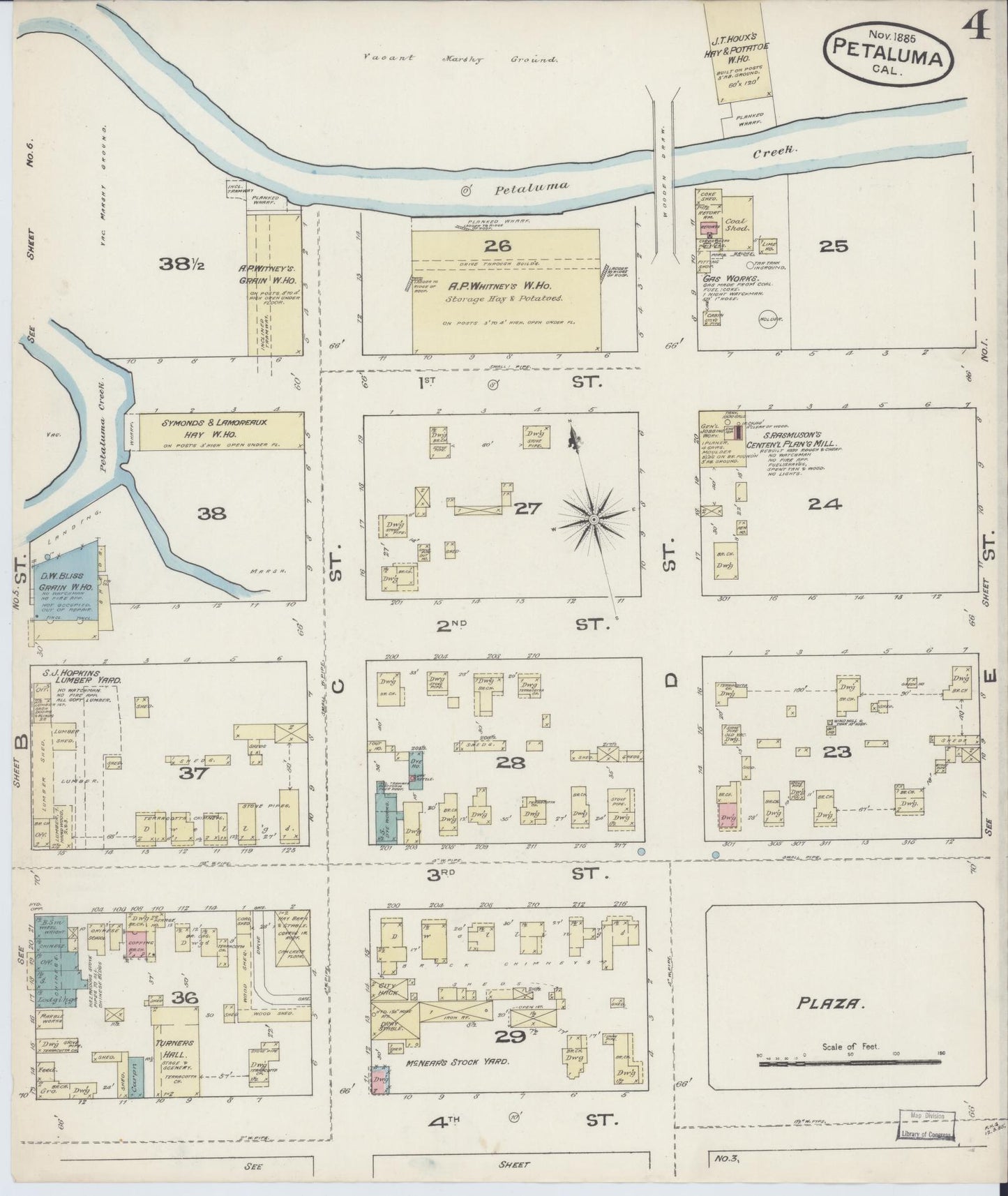 Sanborn Fire Insurance Map from Petaluma, Sonoma County, California (1885), Sheet #0004 - Complete Map Set gallery image, historic Sanborn map, vintage wall art, California California